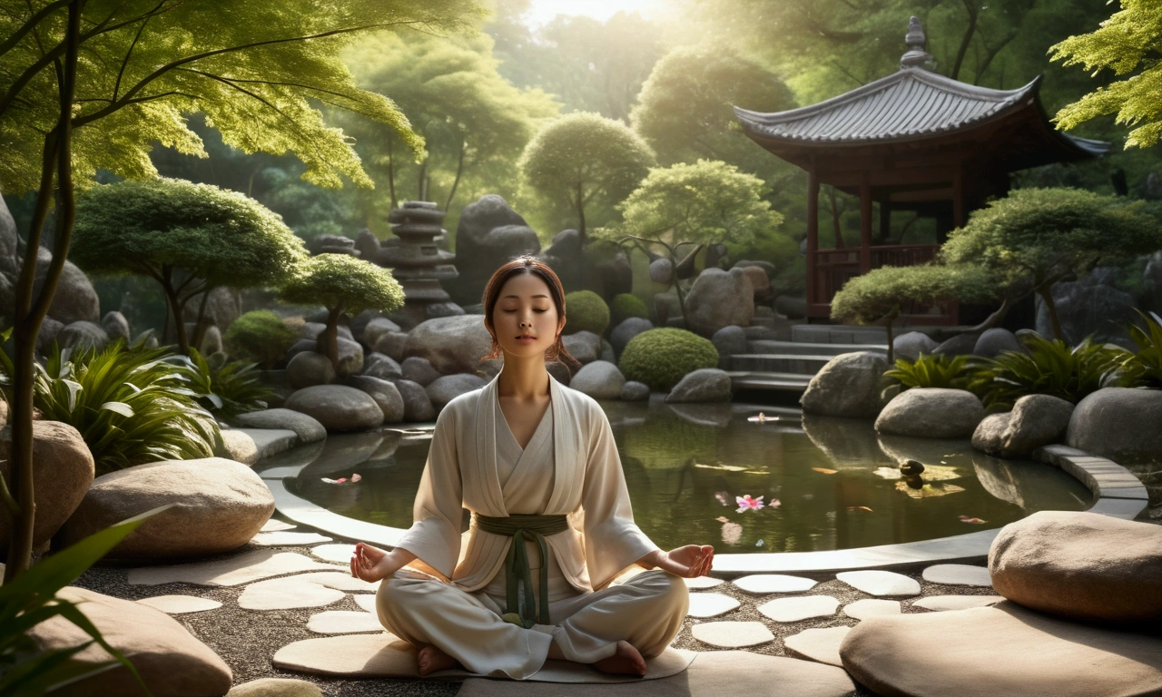 (Highest quality,4K,High resolution,masterpiece:1.2),Super detailed,(Realistic,photoRealistic,photo-Realistic:1.37),Person meditating in a zen garden,Peaceful and calm atmosphere,Lush, beautifully landscaped gardens,wood々Golden sunlight shining between,Natural elements such as rocks and bodies of water,A tranquil pond filled with colorful koi carp,,Petals floating gently in the sky,The gentle sound of wind chimes in the background,Harmony between nature and the human spirit,Calm expression on a person's face,Deep meditation posture,Close your eyes and place your hands on your lap,A soft ray of light illuminating a person's face,The scent of incense lingers in the air,The faint scent of blooming flowers,A sense of inner peace and serenity,Promotes mental well-being、Charming and relaxed atmosphere,Zen minimalist art style,A subtle color palette of green and pink hues,Overall a warm and relaxed atmosphere,Gentle natural light creating soft shadows.