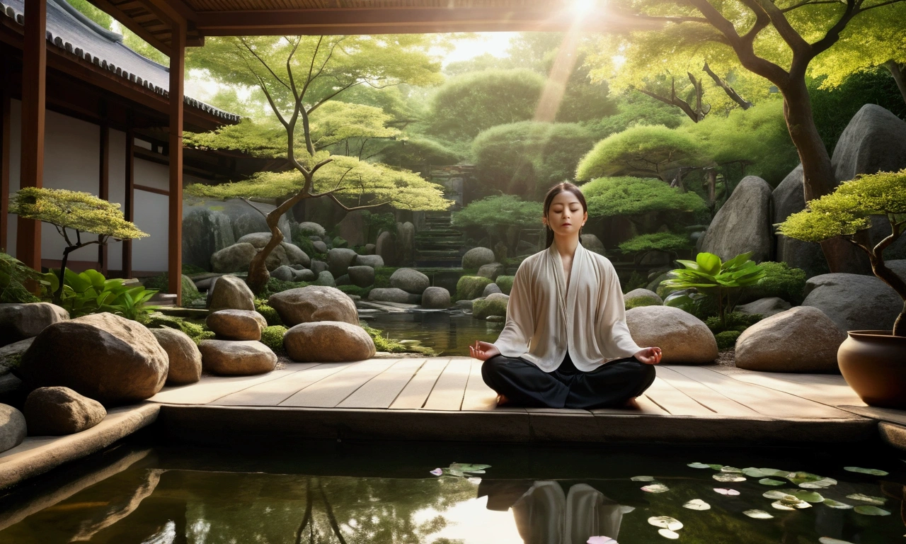 (Highest quality,4K,High resolution,masterpiece:1.2),Super detailed,(Realistic,photoRealistic,photo-Realistic:1.37),Person meditating in a zen garden,Peaceful and calm atmosphere,Lush, beautifully landscaped gardens,wood々Golden sunlight shining between,Natural elements such as rocks and bodies of water,A tranquil pond filled with colorful koi carp,,Petals floating gently in the sky,The gentle sound of wind chimes in the background,Harmony between nature and the human spirit,Calm expression on a person's face,Deep meditation posture,Close your eyes and place your hands on your lap,A soft ray of light illuminating a person's face,The scent of incense lingers in the air,The faint scent of blooming flowers,A sense of inner peace and serenity,Promotes mental well-being、Charming and relaxed atmosphere,Zen minimalist art style,A subtle color palette of green and pink hues,Overall a warm and relaxed atmosphere,Gentle natural light creating soft shadows.