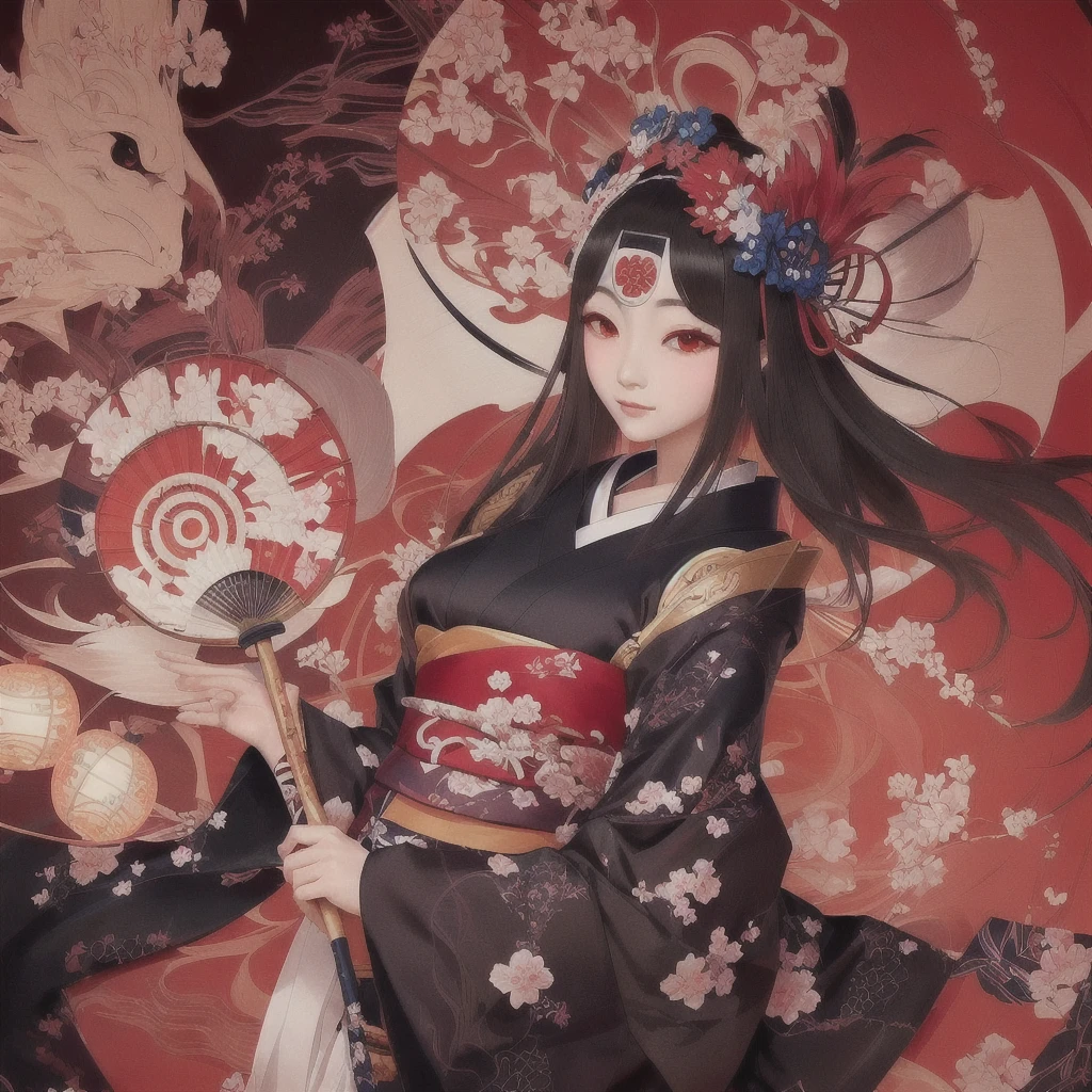 Anime girl in kimono holding folding fan and uchiwa fan, onmyoji, The Detailed Art of the Onmyoji, onmyoji portrait, Zerochan Art, pixiv Contest Winner, feudal japan art, Anime illustration, Digital art on pixiv, Beautiful anime art, Japanese art style, Anime style digital art, Anime fantasy illustration