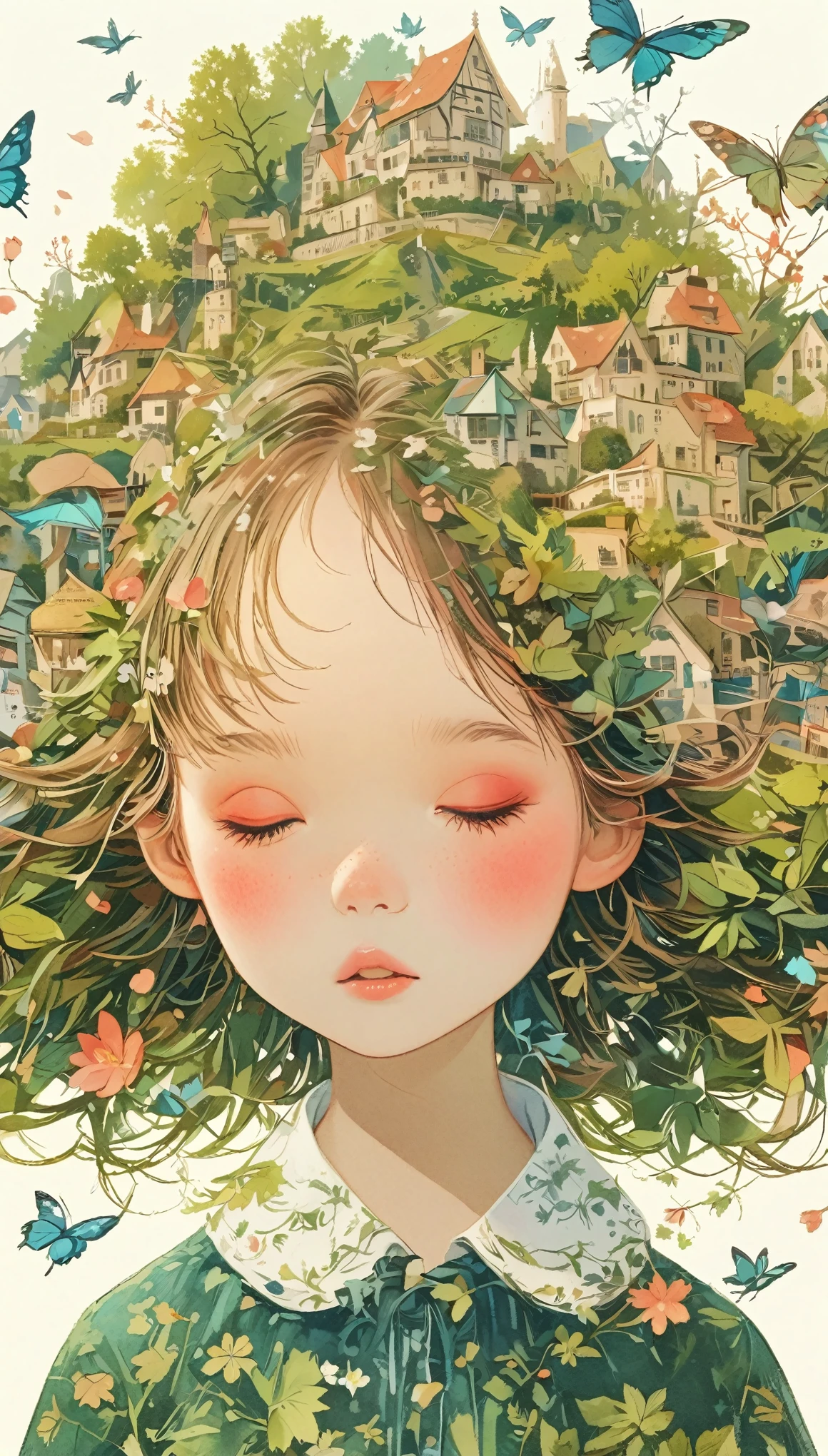 Leaf hair girl、Photographed from the front、Upper Body、Masterpiece、Highest quality、Look Up、Cherry blossom petals、Lots of butterflies々Fluttering、Castles and castle towns