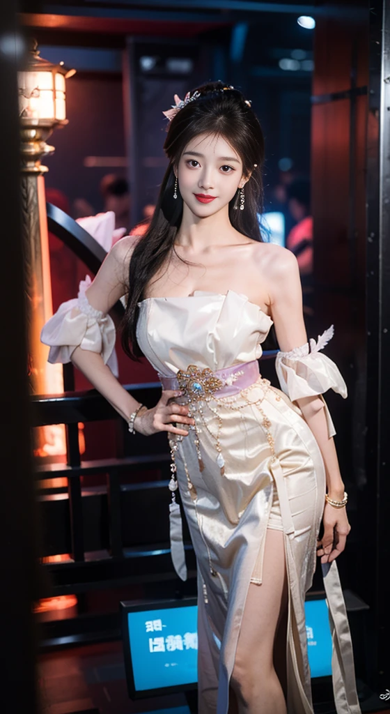 guqinghan, jrys,
high heels,bare shoulders, see-through, jewelry,strapless, collarbone, bracelet, off shoulder,earrings, bow,cleavage, tube dress, strapless dress ((Bare shoulders)), ((Full breasts)), ((The skirt is short)), ((Sexy legs)), ((knee shot)), ((Standing, Elegant posture)), meishaonv, Cute Girl, Beauty, Practical, Fashion Girl, Red lips, Mature women, Exquisite makeup, big eyes, beautiful, (best quality, masterpiece:1.2), Extremely detailed, (Practical:1.37), ((Random Scenes, Random shooting angle)), ((Sexy long legs)), Young and energetic, Charming model, (Exquisite eyes, Delicate lips), Show a bright smile, Create stunning girl images, warm color, Extremely saturated colors, Official Art, Extremely detailed的 CG, Unity 8K wallpaper, (High Dynamic Range :1.4), (Movie atmosphere),(Soft colors), (Natural skin texture, ultra-Practical, Soft Light, sharp),(Very detailed), night, moonlight