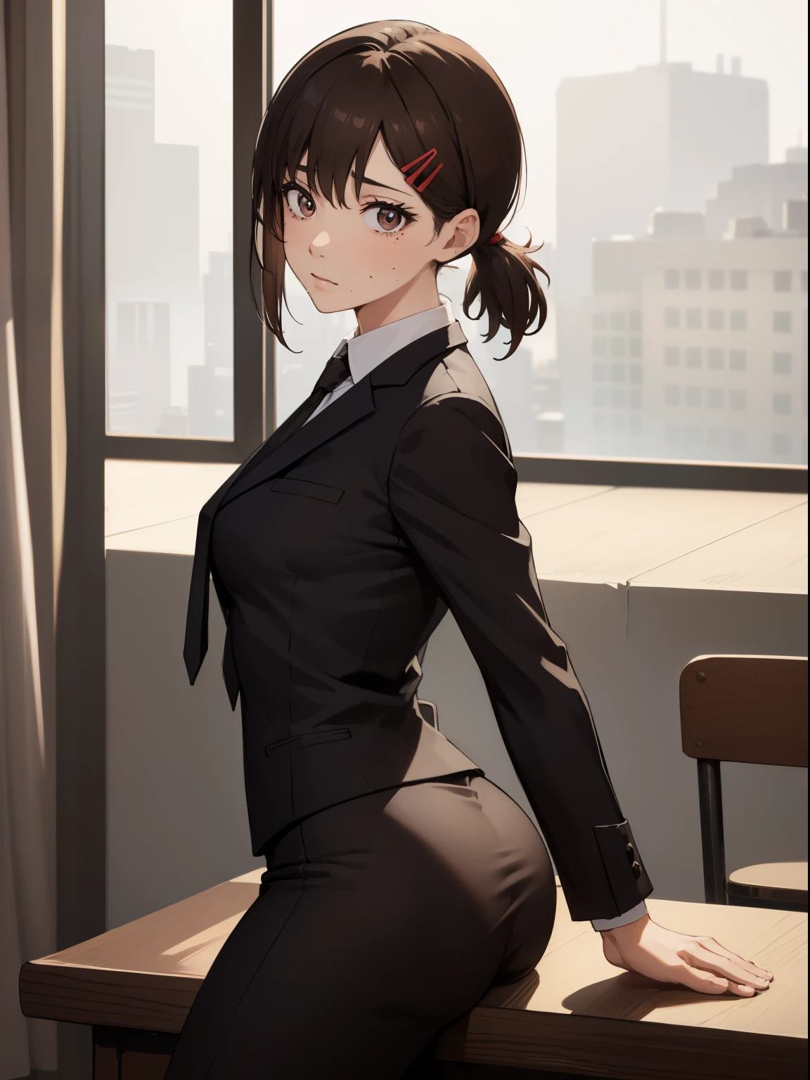 kobenihigashiyama, kobeni higashiyama, black hair, hair ornament, hairclip, mole, mole under eye, ponytail, short hair, (brown eyes:1.5), BREAK black necktie, black pencil skirt, business suit, black blazer, formal, long sleeves, necktie, skirt, suit, BREAK looking at viewer, BREAK indoors, classroom, sitting on table legs spread, medium breast, medium , shot from ass, ass shot, ass focus, medium ass cowboy shot BREAK (masterpiece:1.2), best quality, high resolution, unity 8k wallpaper, (illustration:0.8), (beautiful detailed eyes:1.6), extremely detailed face, perfect lighting, extremely detailed CG, (perfect hands, perfect anatomy),