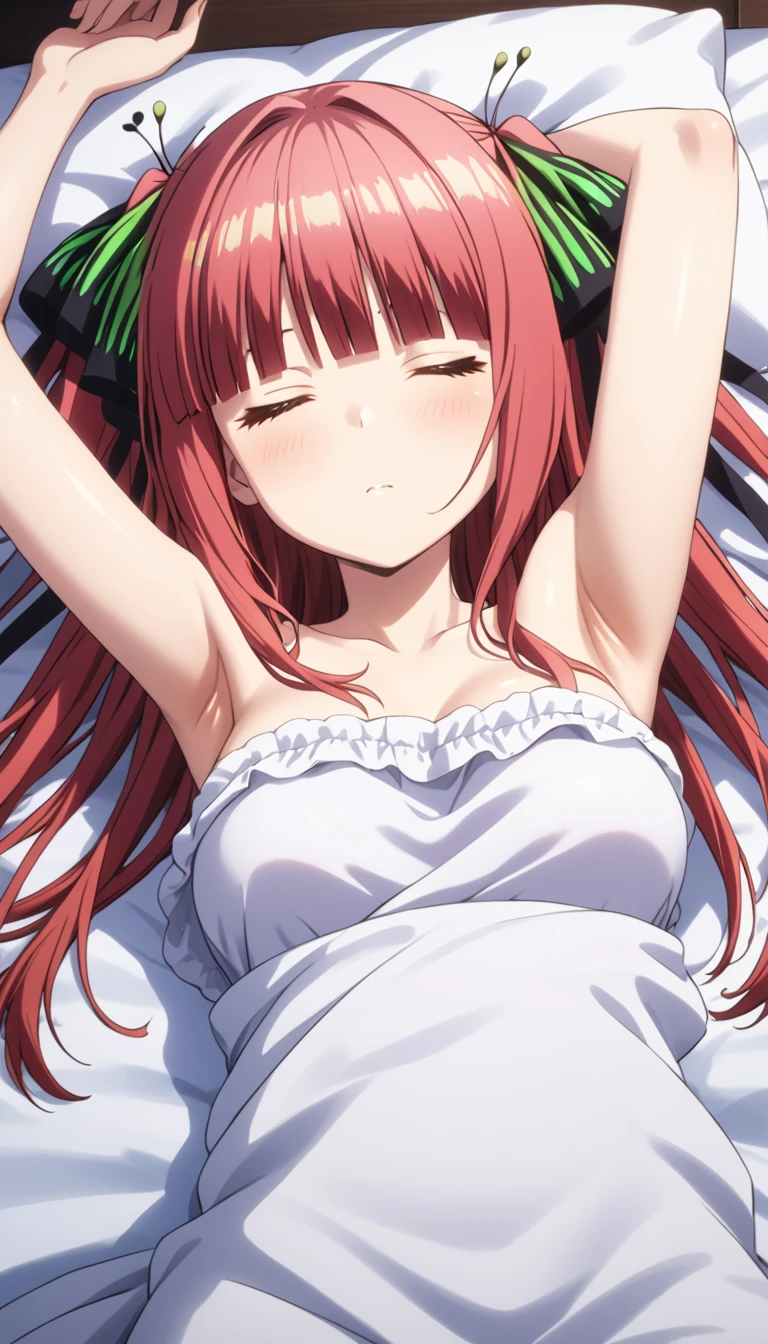 (Highest quality、Masterpiece、Very detailed、4K)、One Woman、17 years old、Light red hair、Twin tails、(((Nakano Nino)))、chest、arm、((((Beautiful armpits))))、(Sleeping in bed)、((((White wrestler tank top))))、((Panties))