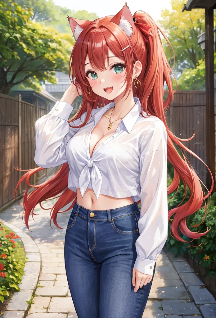 A beautiful girl in jeans and a white shirt posing for a photo, anime girl, dynamic poses, (20 year old girl:1.3), (aged up), city, garden, flowering trees, sexy jeans, white tied shirt, cleavage, big rounds breasts, midriff, (lace bra:0.8), jewelry, dark brown hair, bangs, long hair, 1 ponytail, wavy hair, expressive hair, shiny hair, hairclip, red hair ribbon, cat hair ornament, wince, aqua eyes, glowing eyes, earrings, smile, open mouth, glossy lips, blush, tongue, bright pupils, happy, upper teeth, detailed face, perfect body, high detail, anime, dithering, image fill, anime CG style, outside border, border, first-person view, panorama, perspective, good lighting, Wide-Angle, f/1.8, 85mm, Sony FE GM, 8k, super detail, highres, UHD, retina, masterpiece, accurate, anatomically correct, best quality