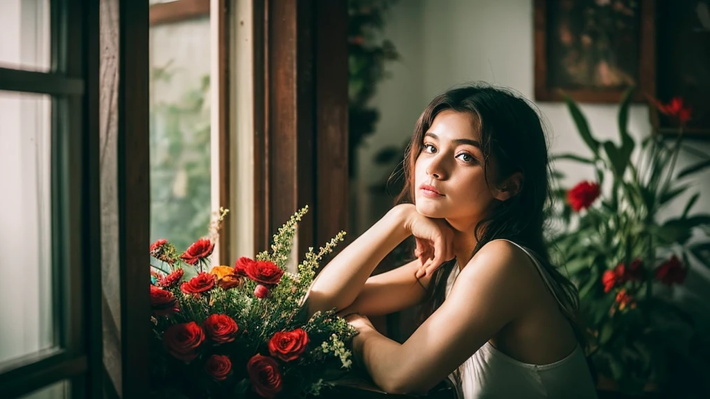 we see a woman through a door window so jaw-droppingly beautiful that she must be isolated in a room complexly filled with flowers, every flower is in a different moody color, she sits, she must be alone or everyone will fall in love, she is in a room of moody flowers