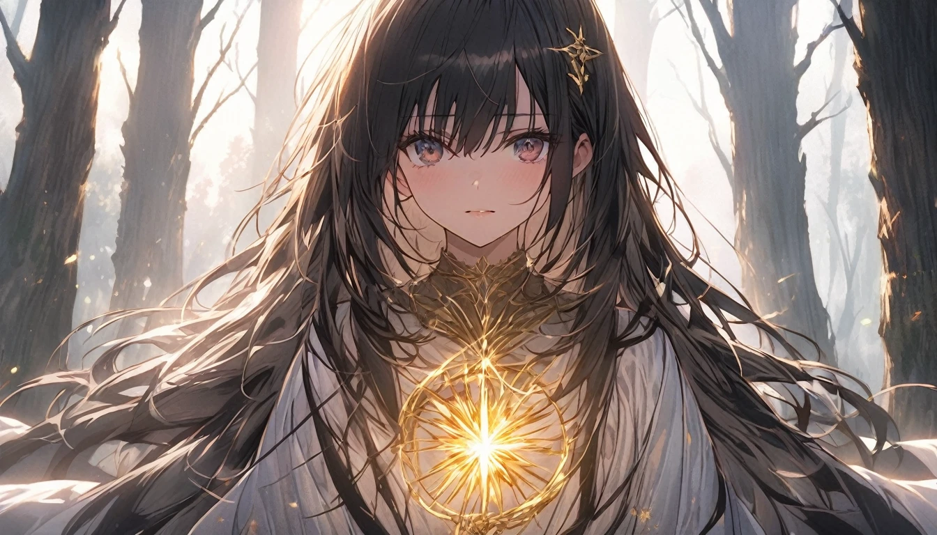 An anime girl standing alone in a dimly lit forest at dawn, with the first light of morning filtering through the trees. She has a determined expression on her face, symbolizing her resolve to break free from the deceit and lies. The forest is shrouded in mist, with shadows receding as the light breaks through, symbolizing the unveiling of truth. Around her, the remnants of a fantasy world are fading away, represented by ethereal, fading illusions. The background features tall trees and a narrow path leading forward, symbolizing her journey towards new beginnings. The atmosphere is filled with a sense of liberation and empowerment, with soft, natural lighting enhancing her resolve and the emotional transition from darkness to hope.