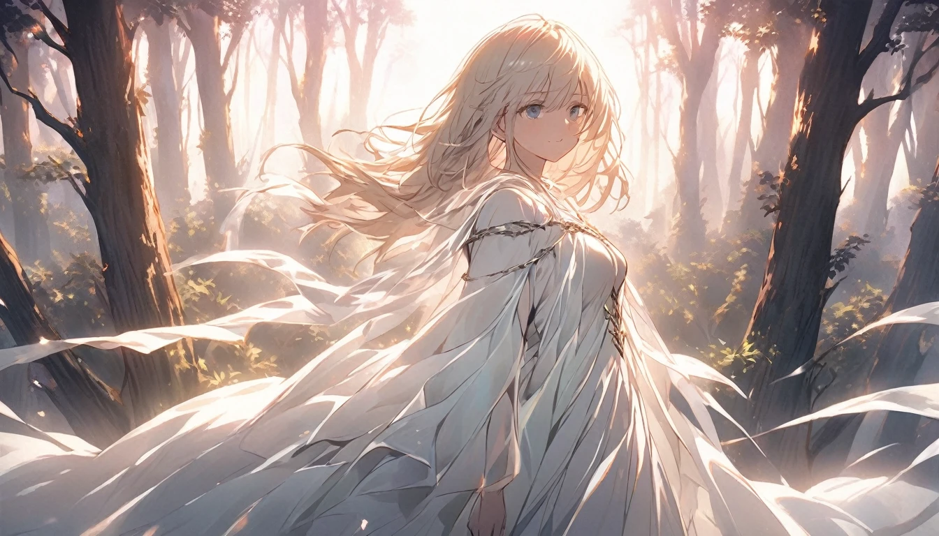 An anime girl standing alone in a dimly lit forest at dawn, with the first light of morning filtering through the trees. She has a determined expression on her face, symbolizing her resolve to break free from the deceit and lies. The forest is shrouded in mist, with shadows receding as the light breaks through, symbolizing the unveiling of truth. Around her, the remnants of a fantasy world are fading away, represented by ethereal, fading illusions. The background features tall trees and a narrow path leading forward, symbolizing her journey towards new beginnings. The atmosphere is filled with a sense of liberation and empowerment, with soft, natural lighting enhancing her resolve and the emotional transition from darkness to hope.