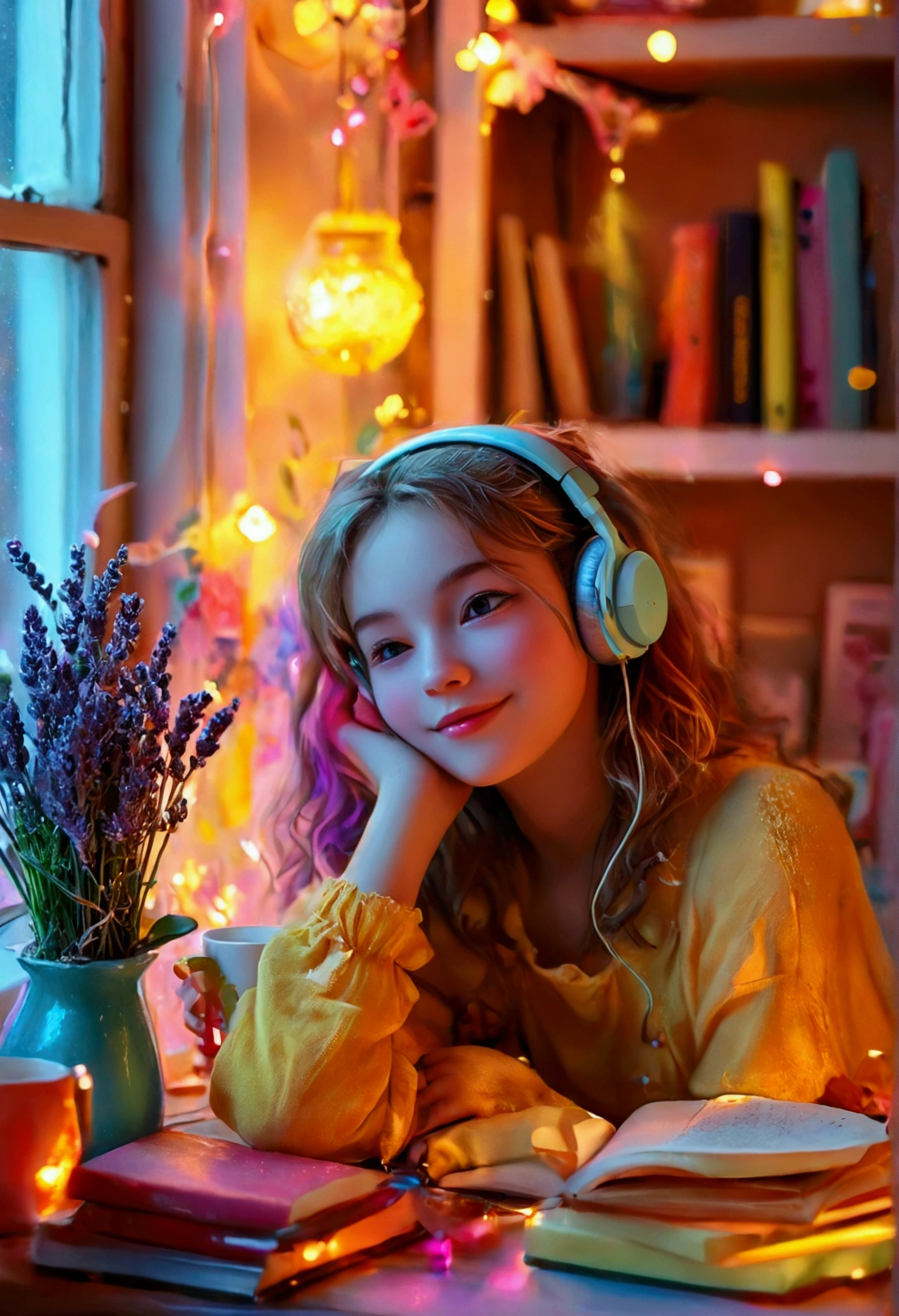 dinner, nightfall.the girl was resting, Leaning back in a chair,Low-Fi atmosphere,Quiet and comfortable atmosphere,Cozy room with warm lighting,Vintage style illustration,soft & calm colors,Cute anime characters,Retro computer monitor and keyboard,over-ear headphones,coffee mug,cat on the window sill. smile with rosy cheeks,Keyboard with multi-color keycaps,flowers on the table,fairy lights in the background,art poster on wall,soft Light, flowing through the window,Quiet and peaceful environment,Stimulating and creative atmosphere,retro aesthetic,relaxing music, Playing in the background,Comfortable chairs and ergonomic environment,machine, Art notes and stationery are scattered around,Refined & unique desktop wallpapers,bookshelf, full of books and records,A unique and creative workspace,Neat and tidy table, lava lamp on the table. Inspirational quotes on the wall,The pleasant scent of a lavender candle,Cheerful and cheerful personality,Positive and passionate attitude,expression of joy and satisfaction,Beautiful and delicate eyes and lips,Feeling happy and productive,motivation to complete tasks,Attention to detail in every stroke,Fantasy and creativity in work,artistic atmosphere, Inspire others. high quality, Detailed expression of character