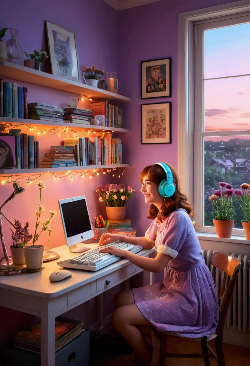 dinner, nightfall.the girl was resting, Leaning back in a chair,Low-Fi atmosphere,Quiet and comfortable atmosphere,Cozy room with warm lighting,Vintage style illustration,soft & calm colors,Cute anime characters,Retro computer monitor and keyboard,over-ear headphones,coffee mug,cat on the window sill. smile with rosy cheeks,Keyboard with multi-color keycaps,flowers on the table,fairy lights in the background,art poster on wall,soft Light, flowing through the window,Quiet and peaceful environment,Stimulating and creative atmosphere,retro aesthetic,relaxing music, Playing in the background,Comfortable chairs and ergonomic environment,machine, Art notes and stationery are scattered around,Refined & unique desktop wallpapers,bookshelf, full of books and records,A unique and creative workspace,Neat and tidy table, lava lamp on the table. Inspirational quotes on the wall,The pleasant scent of a lavender candle,Cheerful and cheerful personality,Positive and passionate attitude,expression of joy and satisfaction,Beautiful and delicate eyes and lips,Feeling happy and productive,motivation to complete tasks,Attention to detail in every stroke,Fantasy and creativity in work,artistic atmosphere, Inspire others. high quality, Detailed expression of character