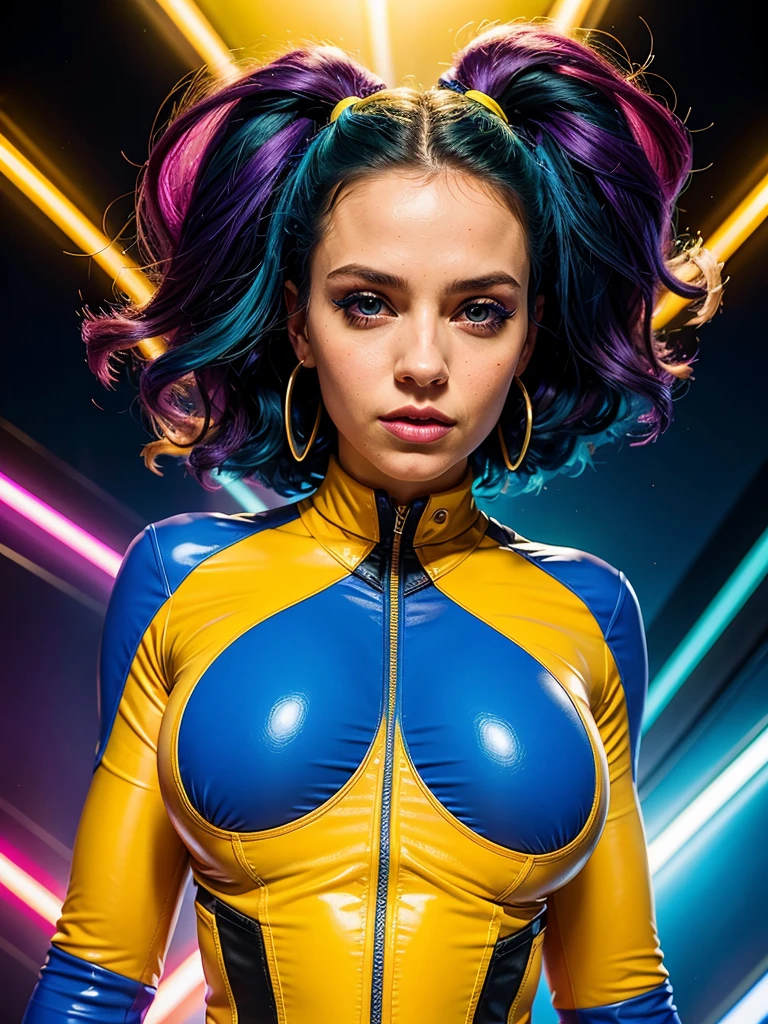 a digital painting of a woman with royal blue and yellow hair, wearing xmen rogue clothes, behance contest winner, afrofuturism, synthwave, neon, glowing neon, huge breast