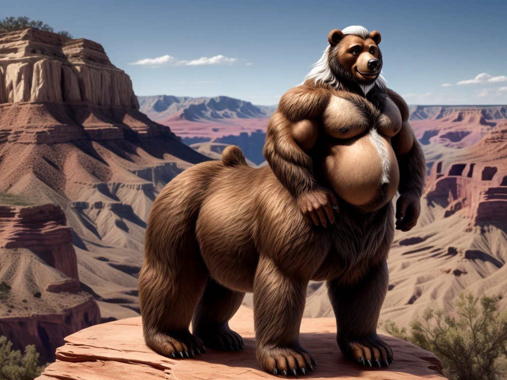 furry, fur taur,wolf beartaur, middle-age, solo, detailed face, bear ears, bear eyes(brown), bear nose(black), wolf mouth, garibaldi beard(white), mature hair(white), detailed arms, thick arms, muscular, thick hands(5 fingers), detailed body belly, thick body, muscle belly(brown), thick chest, chest hair(black), detailed taur body, thick taur body, thick bear paws, thick wolf tail, full body shot, summer, standing on the Grand canyon