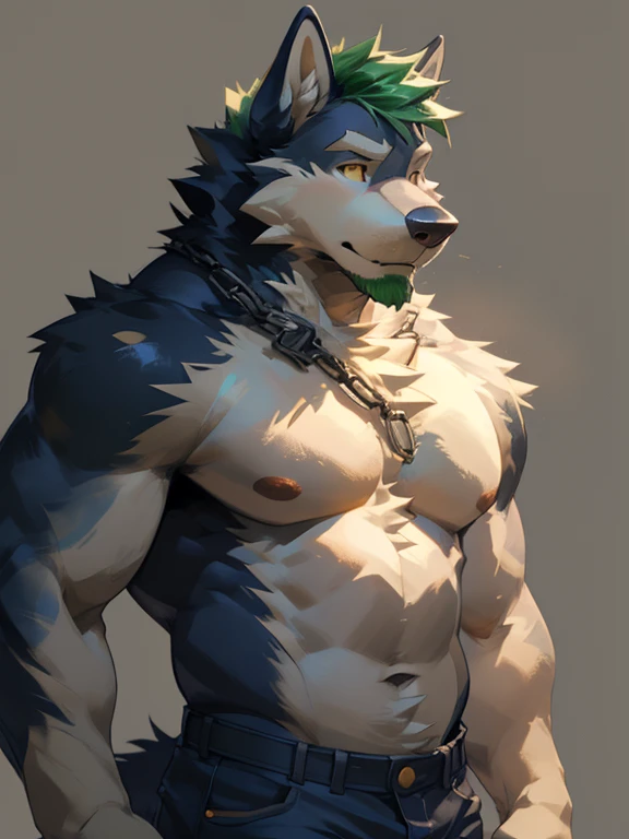 Solo, male, Husky Wolf, with black and cream-colored fur, with short bluish-green hair, with bluish-green whiskered beard, bluish-green chest fur, amber eyes, with long ears, shirtless, in jeans, chest, big chest view, ((focus body, furry focus, focus shadows, body shadows)) (((gray background, gray wallpaper), one color))), by darkgem, by mystikfox61, by glitter trap boy