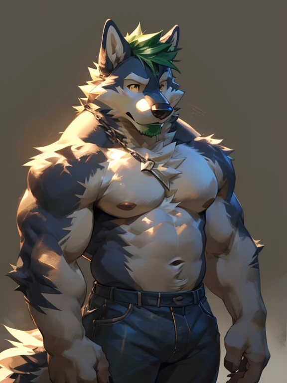 Solo, male, Husky Wolf, with black and cream-colored fur, with short bluish-green hair, with bluish-green whiskered beard, bluish-green chest fur, amber eyes, with long ears, shirtless, in jeans, chest, big chest view, ((focus body, furry focus, focus shadows, body shadows)) (((gray background, gray wallpaper), one color))), by darkgem, by mystikfox61, by glitter trap boy