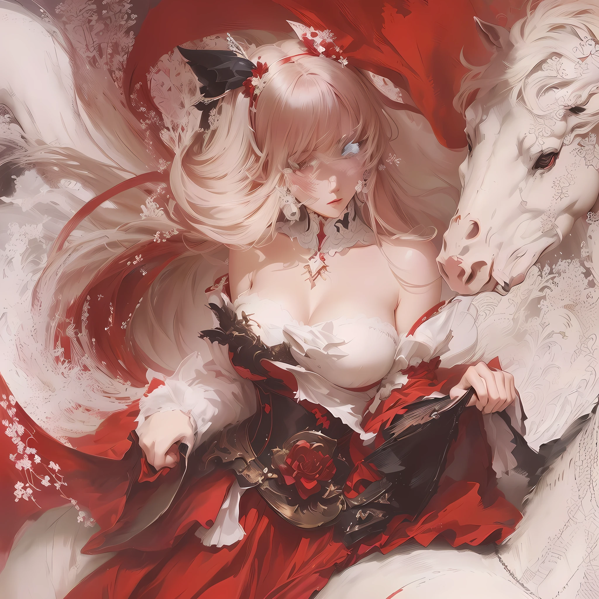 Anime-style image of a woman in a red dress riding a white horse, Gwaiz, Digital art on pixiv, Gwaiz on pixiv artstation, artwork in the style of Gwaiz, Gwaiz on artstation pixiv, Gwaiz masterpiece, Zerochan Art, Beautiful artwork illustration, Exquisite digital illustrations, pixiv style