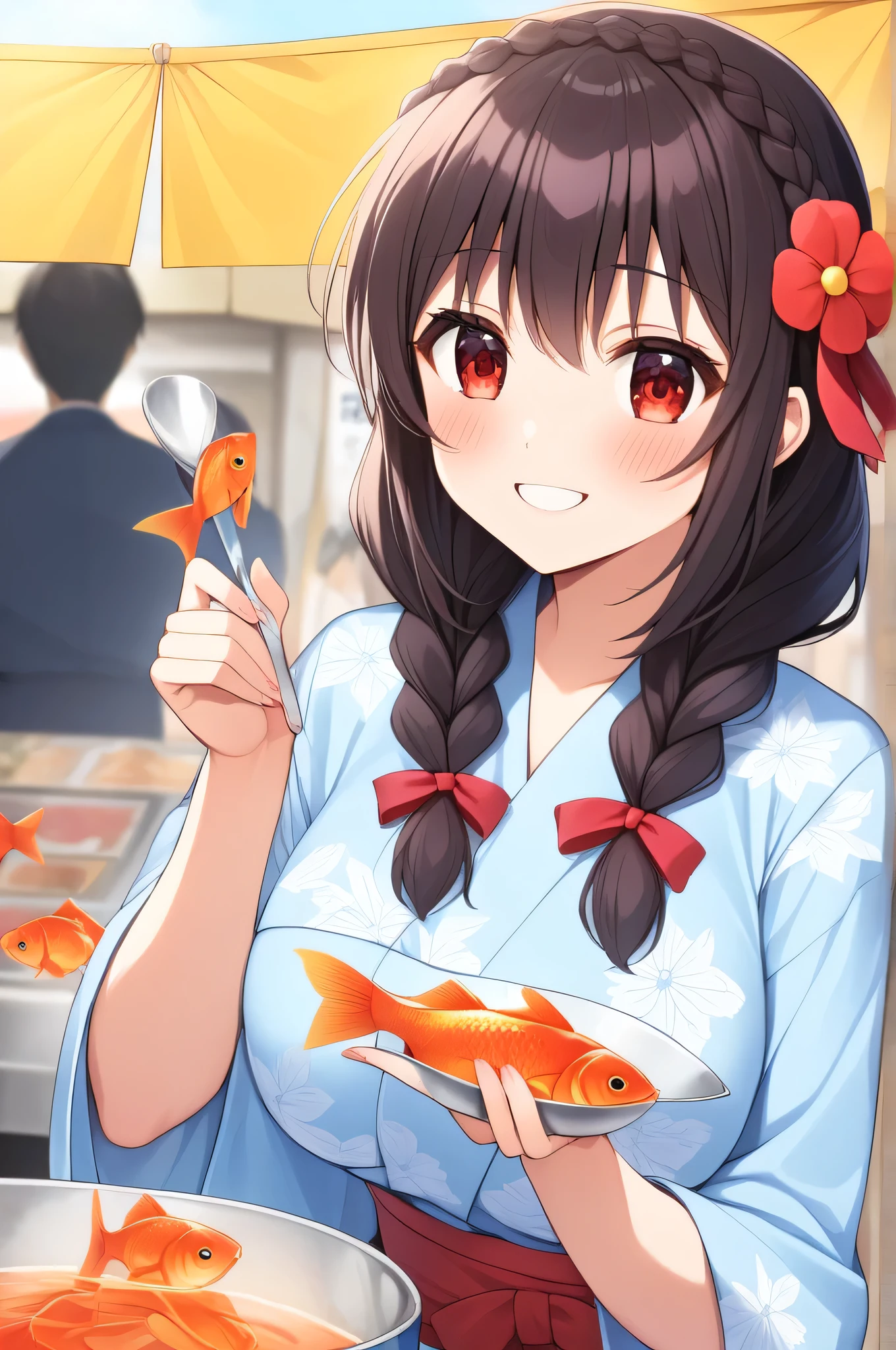 Photo, The girls、japanse, Clothing product samples, Girl scooping goldfish, colored contacts in her eyes, Full body , In summer
