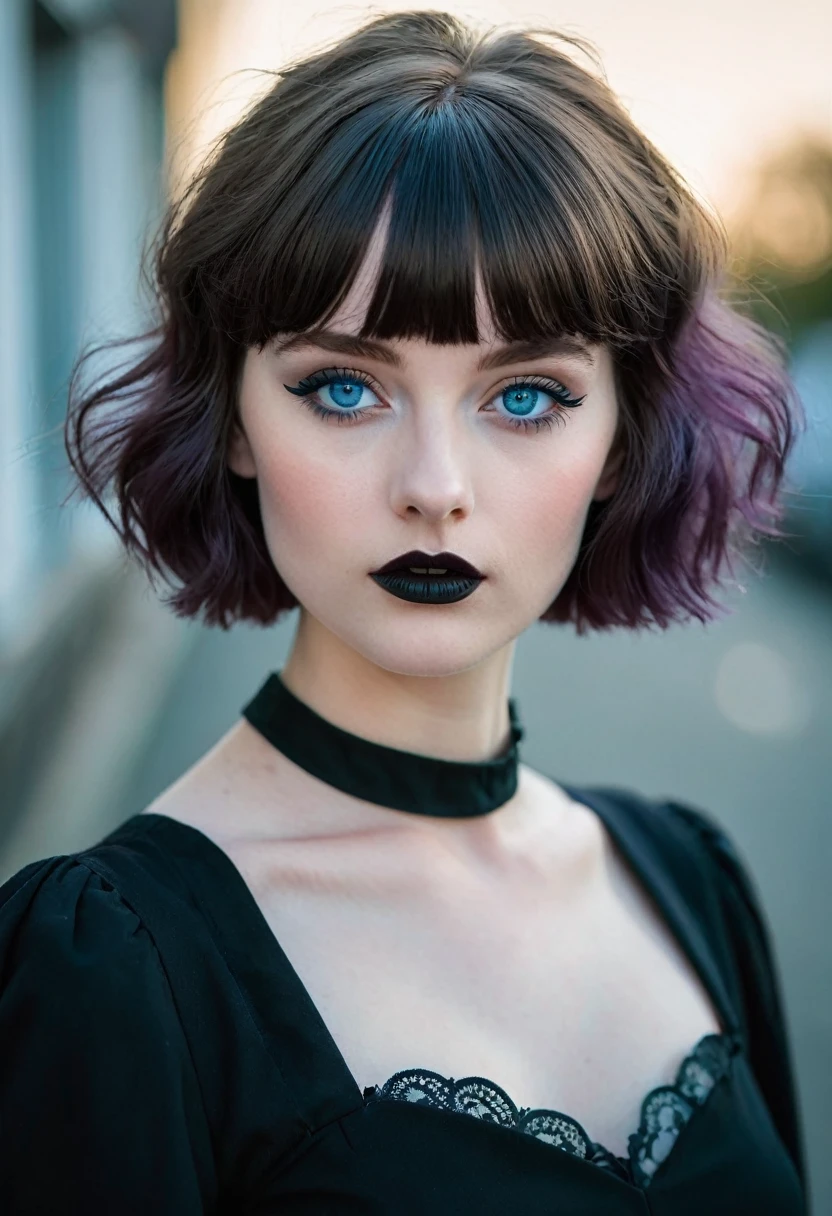 a young half Irish and half English girl, short modern wavey hair & bangs, sky blue eyes, modern retro picture aesthetic, looks like she is bravely posing for the camera, The colors are masterfully captured by Nikon D850 and a Nikon AF-S NIKKOR 70-200mm f/2.8E FL ED VR lens, modern style, powerful woman image, dark gothic clothes, pale skin, harsh facial features,  black lipstick, 18 year old girl, black eye shadow, round face, vampire, 
