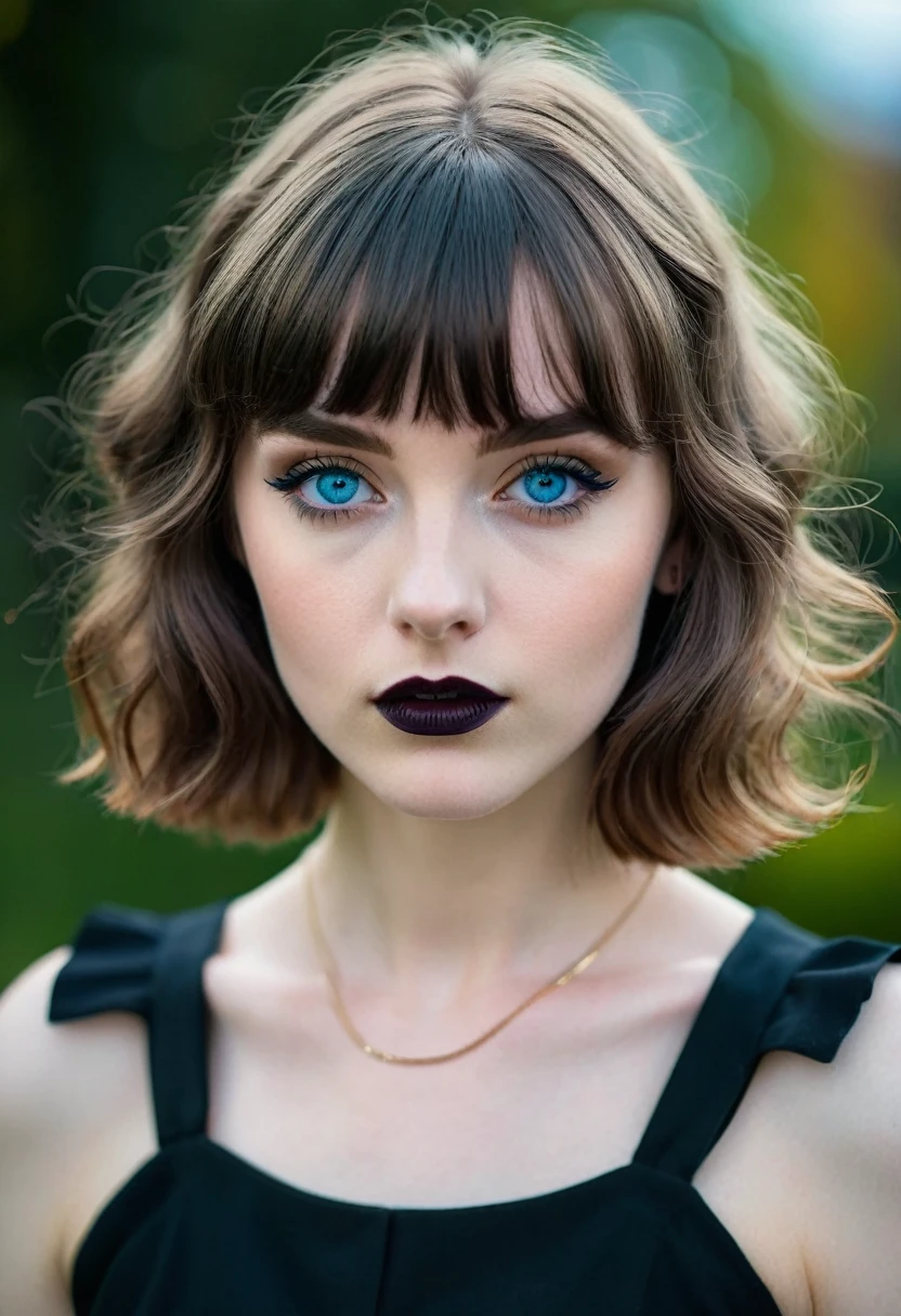 a young half Irish and half English girl, short modern wavey hair & bangs, sky blue eyes, modern retro picture aesthetic, looks like she is bravely posing for the camera, The colors are masterfully captured by Nikon D850 and a Nikon AF-S NIKKOR 70-200mm f/2.8E FL ED VR lens, modern style, powerful woman image, dark gothic clothes, pale skin, harsh facial features,  black lipstick, 18 year old girl, black eye shadow, round face, vampire, 