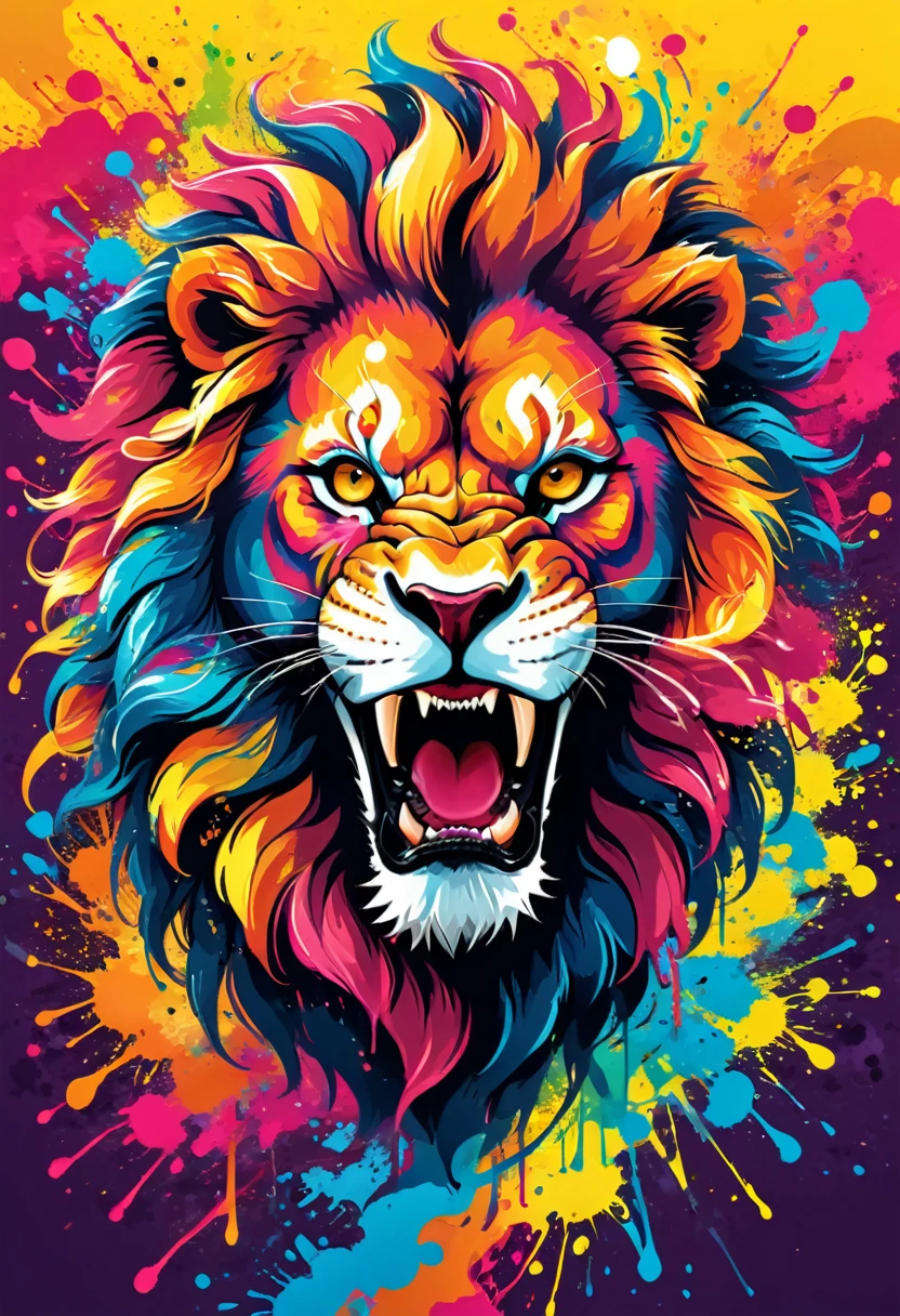 A t-shirt with vector art of a colorful angry lion illustration, At the center, swirly vibrant colors, paint splashes and smears, high détail,Hawaii Background
(artwork, best quality, proffesional, perfect composition, very aesthetic, absurdrez, super verbose, Intricate details:1.3)