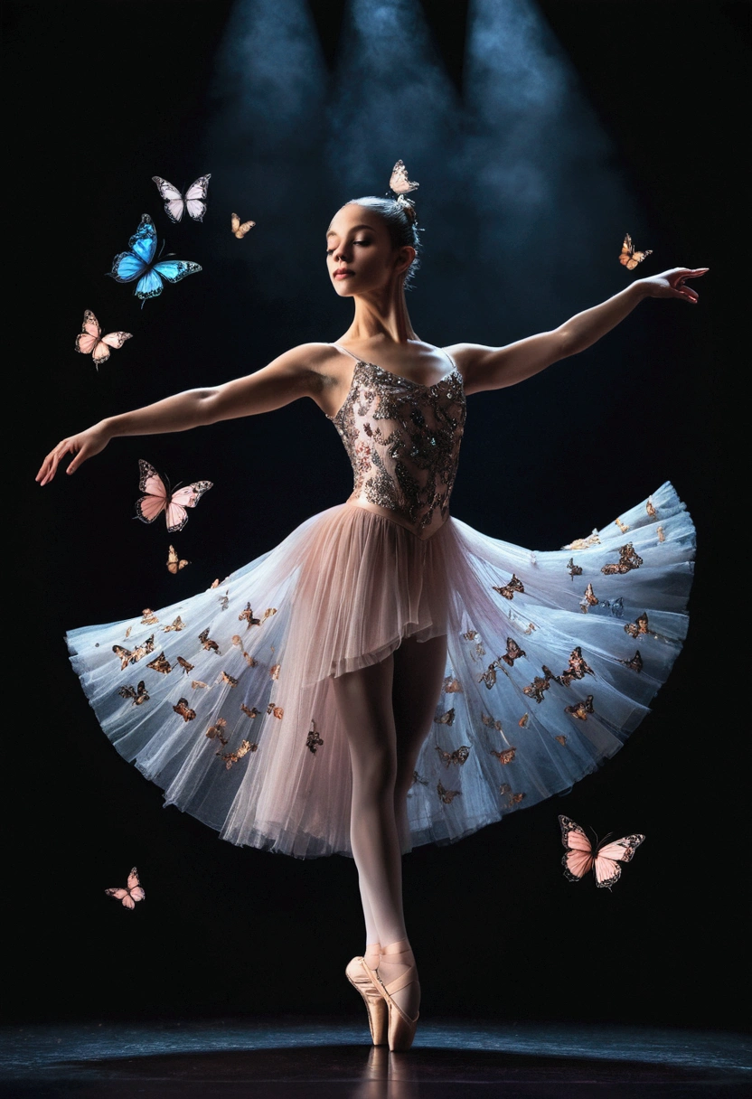 A prima ballet dancer on a dark stage with beautiful butterflies