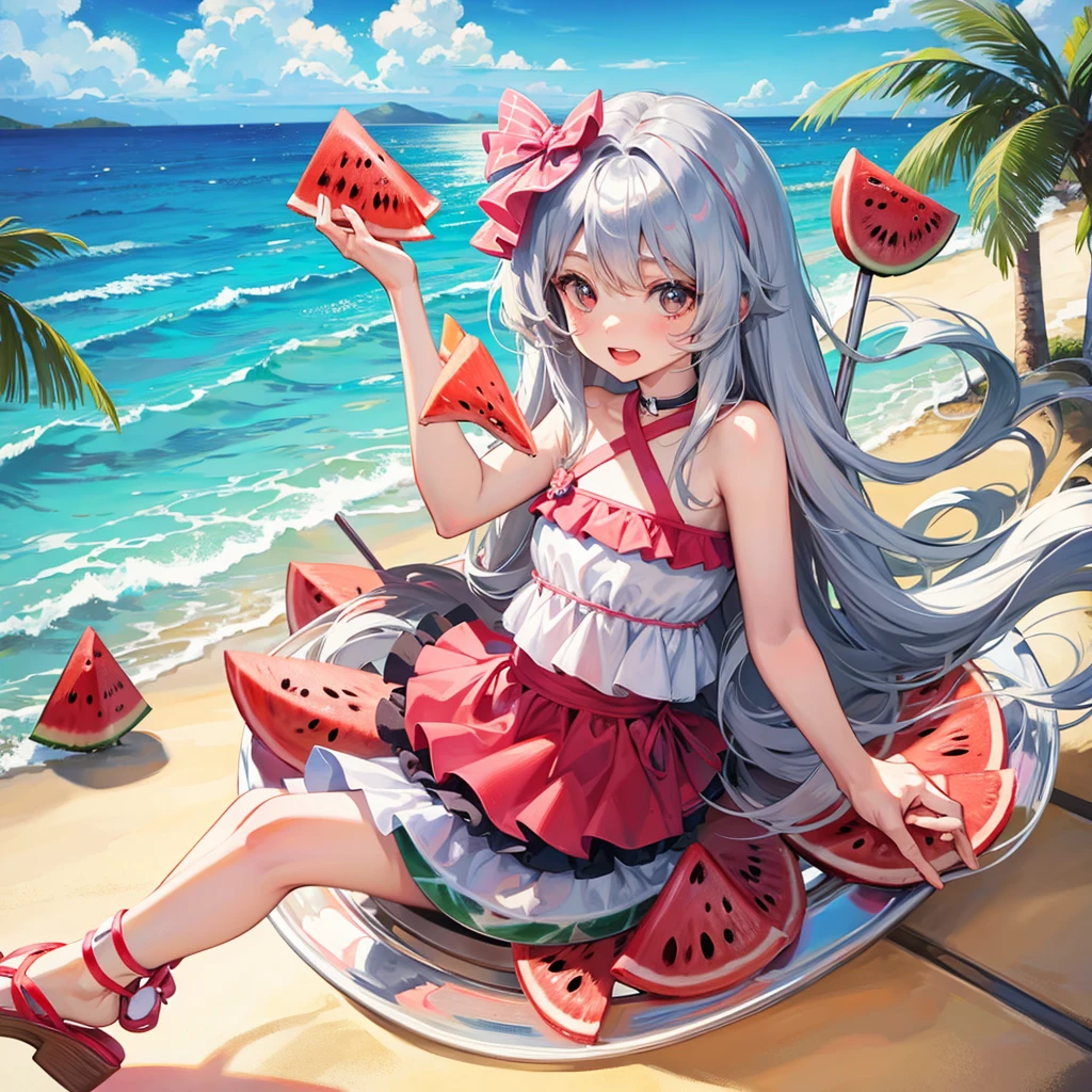 Beach Eating watermelon Cute Girl Chibi character swimsuit Silver long hair
