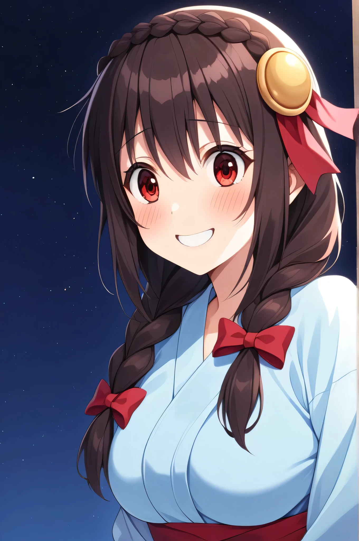 alone, One girl、Crown braids in the same color as your hair, hair ornaments, Hair Ribbon,(A light blue kimono with a red floral pattern and a red obi.)、Red Eyes、Black Hair、(blush:1.4)、(Surprised and smiling:1.6)、Larger breasts、(The background is full of stars)