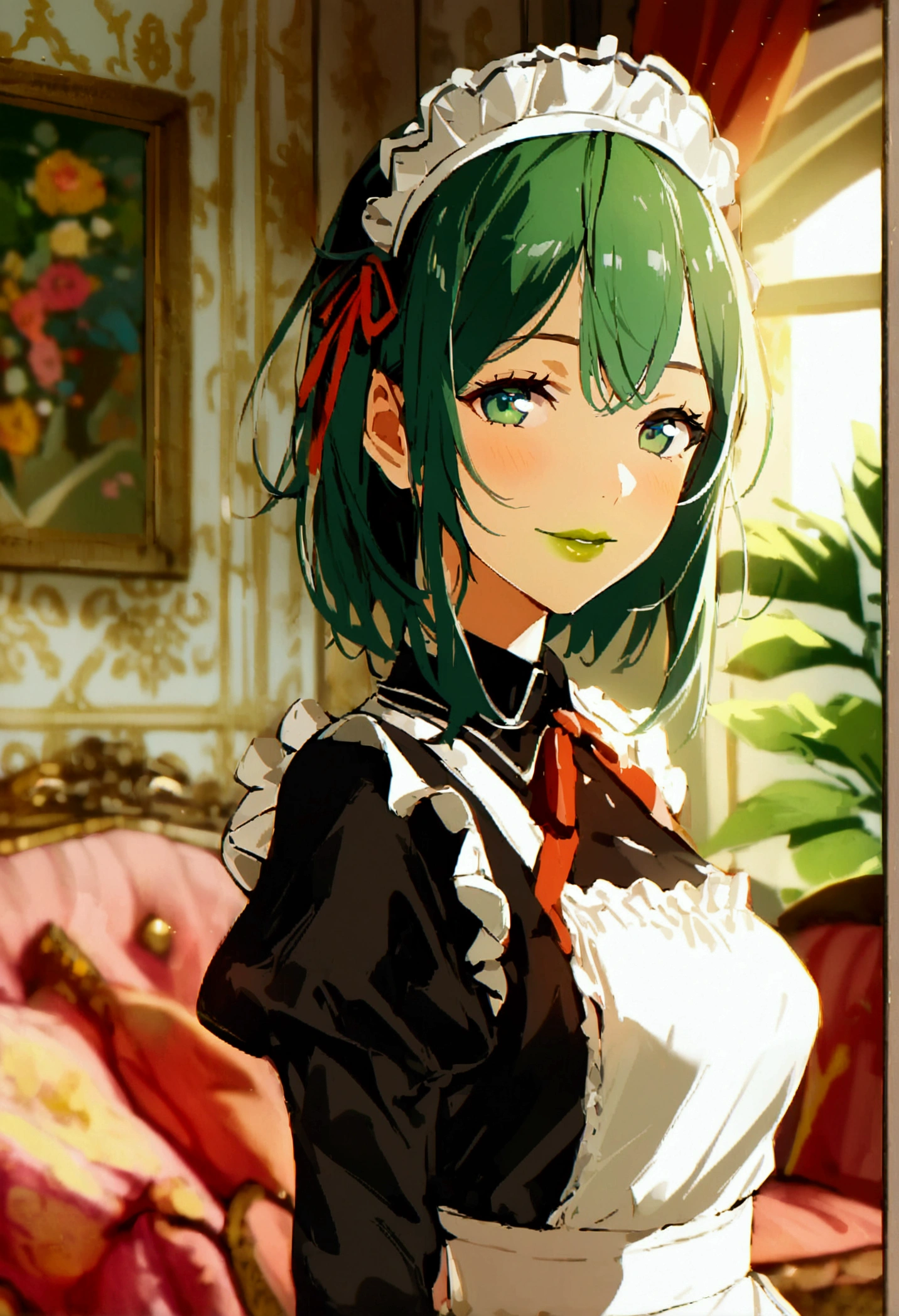 1girl with medium green hair, green eyes, green lips, maid uniform, decolletage, smiling, rich living room, indoors