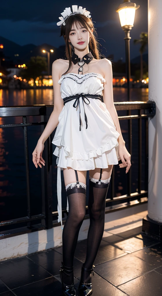 black thighhighs,dress,hitman,maid,maid headdress,thighhighs, ((Bare shoulders)), ((Full breasts)), ((The skirt is short)), ((Sexy legs)), ((knee shot)), ((Standing, Elegant posture)), meishaonv, Cute Girl, Beauty, Practical, Fashion Girl, Red lips, Mature women, Exquisite makeup, big eyes, beautiful, (best quality, masterpiece:1.2), Extremely detailed, (Practical:1.37), ((Random Scenes, Random shooting angle)), ((Sexy long legs)), Young and energetic, Charming model, (Exquisite eyes, Delicate lips), Show a bright smile, Create stunning girl images, warm color, Extremely saturated colors, Official Art, Extremely detailed的 CG, Unity 8K wallpaper, (High Dynamic Range :1.4), (Movie atmosphere),(Soft colors), (Natural skin texture, ultra-Practical, Soft Light, sharp),(Very detailed), night, moonlight