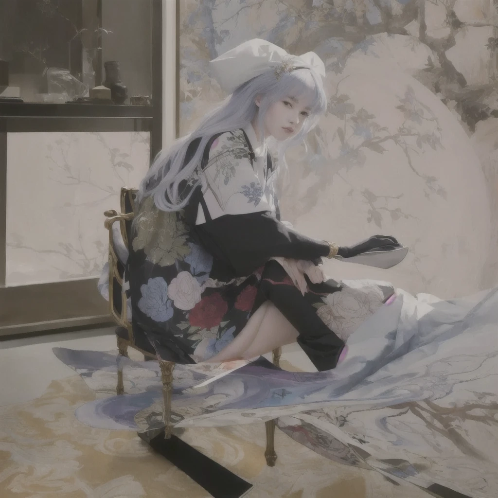 There is a woman sitting on a chair with a clock on it., James Jean and Urop, Inspired by Otake's bamboo leaves, James Jean and Petra Cortright, Krentz Kuschaert and Wenjun Lin, Makoto Kobayashi, Anime girl crouching, Inspired by Yanjun Chen, Sakimi-chan Frank Franzeta