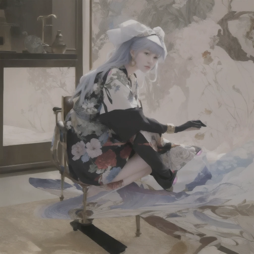 There is a woman sitting on a chair with a clock on it., James Jean and Urop, Inspired by Otake's bamboo leaves, James Jean and Petra Cortright, Krentz Kuschaert and Wenjun Lin, Makoto Kobayashi, Anime girl crouching, Inspired by Yanjun Chen, Sakimi-chan Frank Franzeta