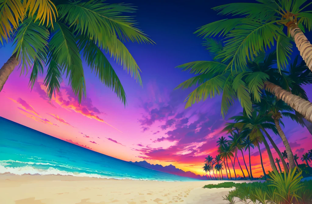 Palm trees and beach、Tropical Beach, an abstract tropical landscape,  Tropical atmosphere, Beach Sunset, Background artwork, Sunset background