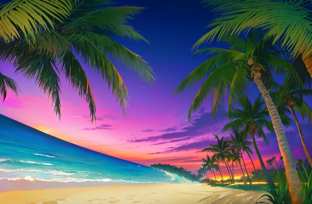 Palm trees and beach、Tropical Beach, an abstract tropical landscape, Tropical atmosphere, Beach Sunset, Background artwork, Sunset background
