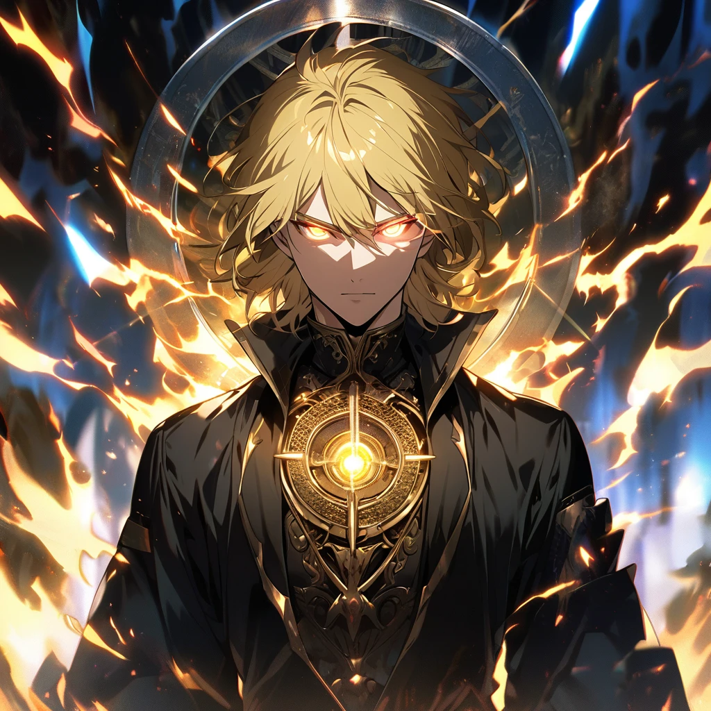 male, solo, handsome, blond hair, god, god eyes, glowing eyes, light, aura, holo, golden