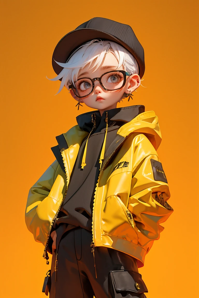 Blind Box,Simple Background,Extraordinary wide portrait of microscopic unknown little small クール cyberpunk alien species over orange tech style of high tech fashion professional photography, 8K, White Blonde Hair，Shaved head,Boy with futuristic glasses，Black jacket，Crouching，Wearing a black hat