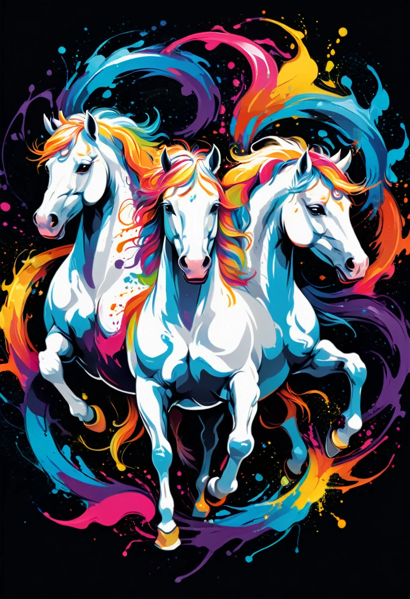 A logo with vector art of a colorful illustration of white horses, At the center, swirly vibrant colors, paint splashes and smears, high détail,black backdrop
(artwork, best quality, proffesional, perfect composition, very aesthetic, absurdrez, super verbose, Intricate details:1.3)