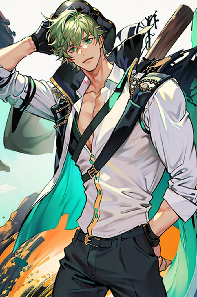 light green hair, short hair, cool, light green eyes, tall, cowboy shot, looking at viewer, masterpiece, facing viewer, right hand, hair between eyes, mature male, leyered sleeves, black jacket, solo, black gloves, fingerless gloves, leather gloves, grey pants, medium pants, black jacket, long jacket, standing, leather boots, hand on hip, fantasy, white background, light smile, pirate costume, pirate hat, white shirt, medium shirt, collared shirt, messy hair, wind, holding rifle, tan, belt pouch, muscular, goggles around neck,