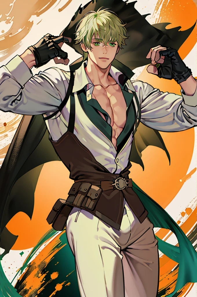 light green hair, short hair, cool, light green eyes, tall, cowboy shot, looking at viewer, masterpiece, facing viewer, right hand, hair between eyes, mature male, leyered sleeves, black jacket, solo, black gloves, fingerless gloves, leather gloves, grey pants, medium pants, black jacket, long jacket, standing, leather boots, hand on hip, fantasy, white background, light smile, pirate costume, pirate hat, white shirt, medium shirt, collared shirt, messy hair, wind, holding rifle, tan, belt pouch, muscular, goggles around neck,