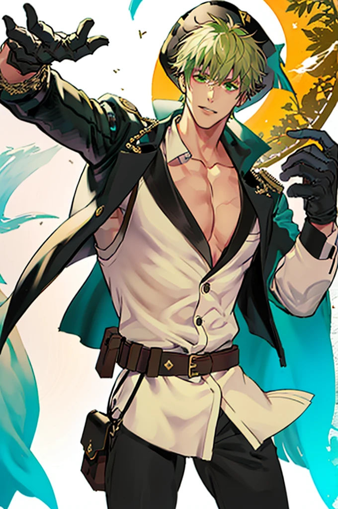 light green hair, short hair, cool, light green eyes, tall, cowboy shot, looking at viewer, masterpiece, facing viewer, right hand, hair between eyes, mature male, leyered sleeves, black jacket, solo, black gloves, fingerless gloves, leather gloves, grey pants, medium pants, black jacket, long jacket, standing, leather boots, hand on hip, fantasy, white background, light smile, pirate costume, pirate hat, white shirt, medium shirt, collared shirt, messy hair, wind, holding rifle, tan, belt pouch, muscular, goggles around neck,