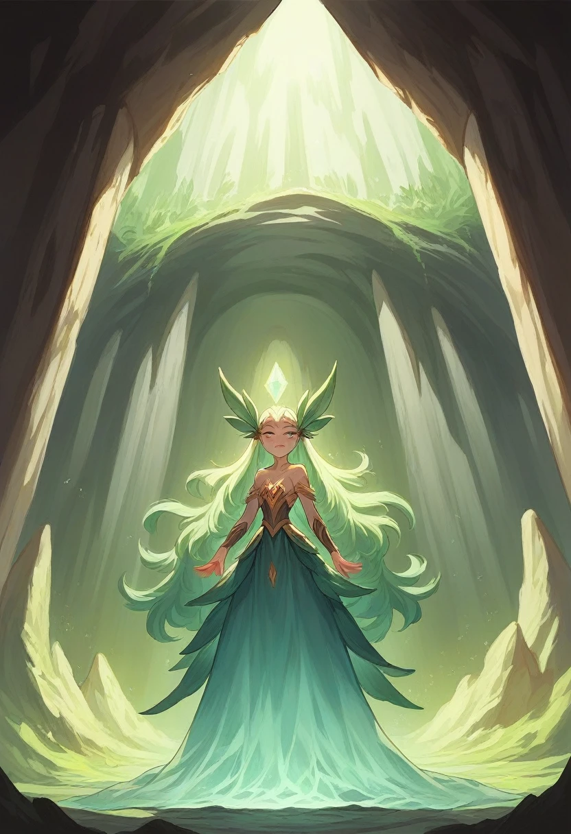 "A young girl, mesmerized by the stunning beauty of the Cave of Wonders, stands in the soft glow of the cave's interior, her delicate features illuminated by the radiance of huge gemstones. The enchanting waterfalls cascade gracefully in the background, creating a scene of pure, mystical wonder.
