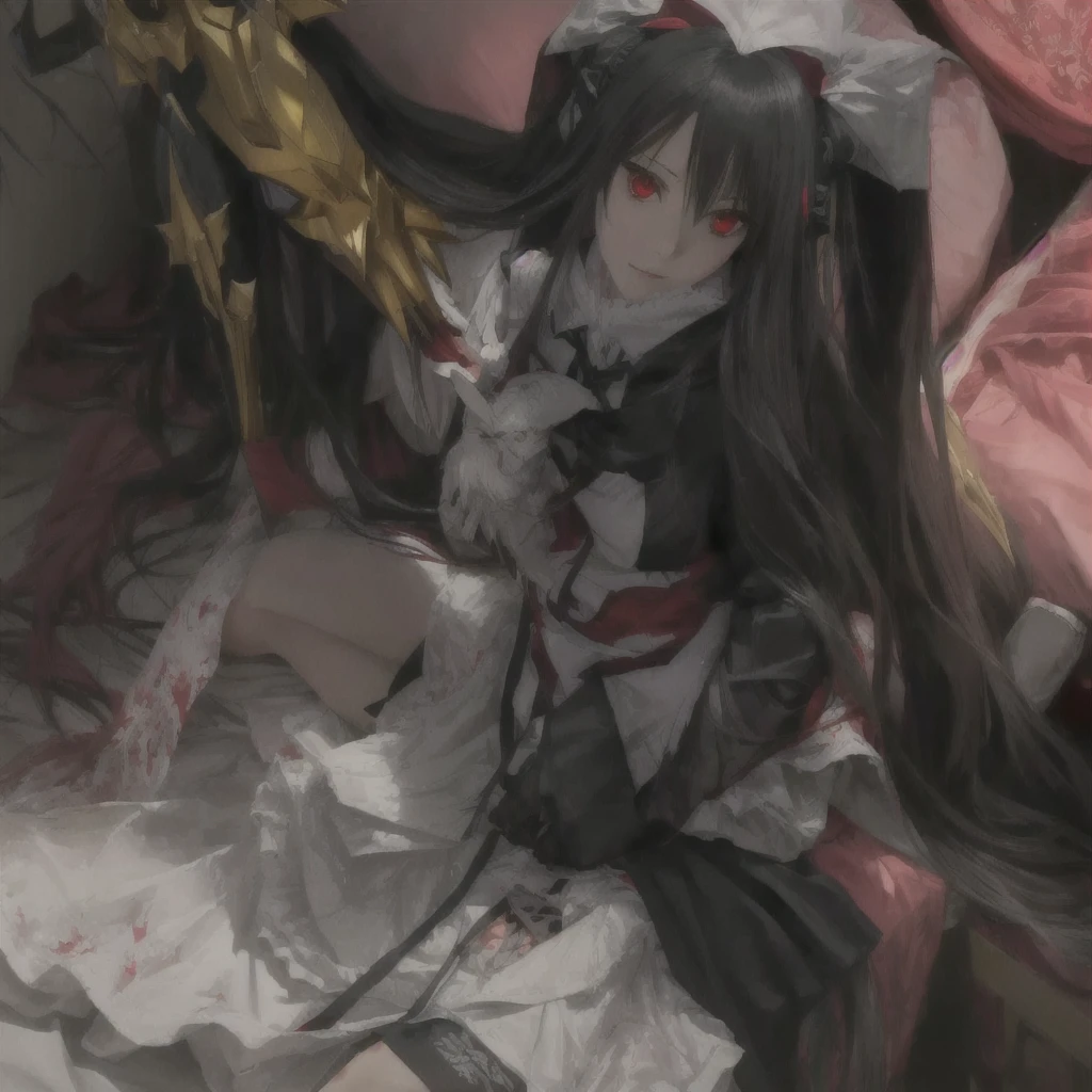 Red-eyed anime girl sitting on bed with stuffed toy, gapmoe Yandere grimdark, Albedo from overlord, Albedo from the anime overlord, Zero-chan art, Devil Anime Girl, By Ren, gapmoe Yandere, Yandere intricate, Zero-chan, Created by Anime Painter Studio, Yandere, Albedo