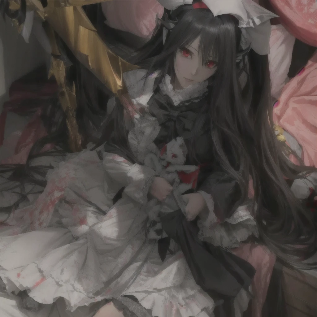 Red-eyed anime girl sitting on bed with stuffed toy, gapmoe Yandere grimdark, Albedo from overlord, Albedo from the anime overlord, Zero-chan art, Devil Anime Girl, By Ren, gapmoe Yandere, Yandere intricate, Zero-chan, Created by Anime Painter Studio, Yandere, Albedo