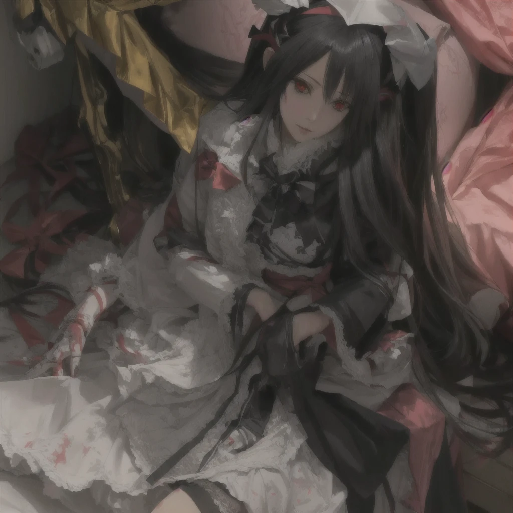 Red-eyed anime girl sitting on bed with stuffed toy, gapmoe Yandere grimdark, Albedo from overlord, Albedo from the anime overlord, Zero-chan art, Devil Anime Girl, By Ren, gapmoe Yandere, Yandere intricate, Zero-chan, Created by Anime Painter Studio, Yandere, Albedo