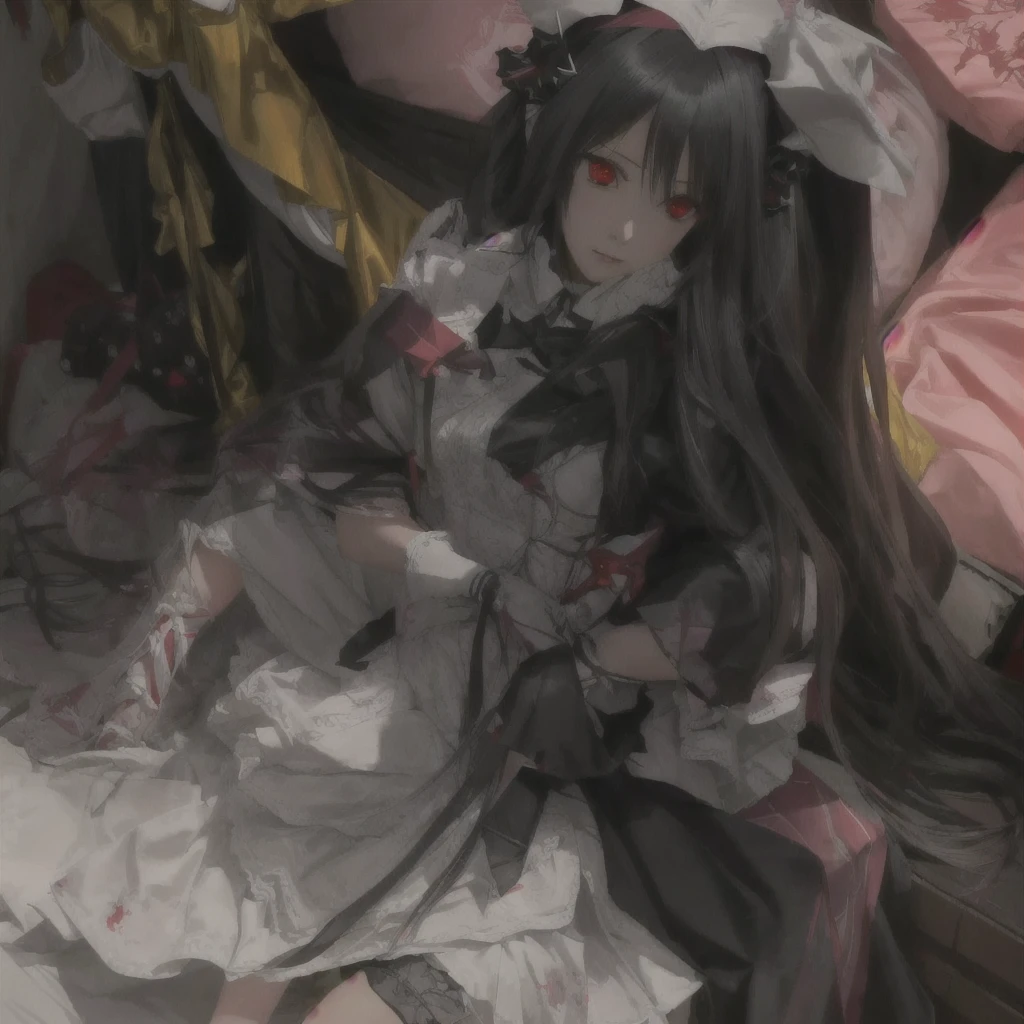 Red-eyed anime girl sitting on bed with stuffed toy, gapmoe Yandere grimdark, Albedo from overlord, Albedo from the anime overlord, Zero-chan art, Devil Anime Girl, By Ren, gapmoe Yandere, Yandere intricate, Zero-chan, Created by Anime Painter Studio, Yandere, Albedo