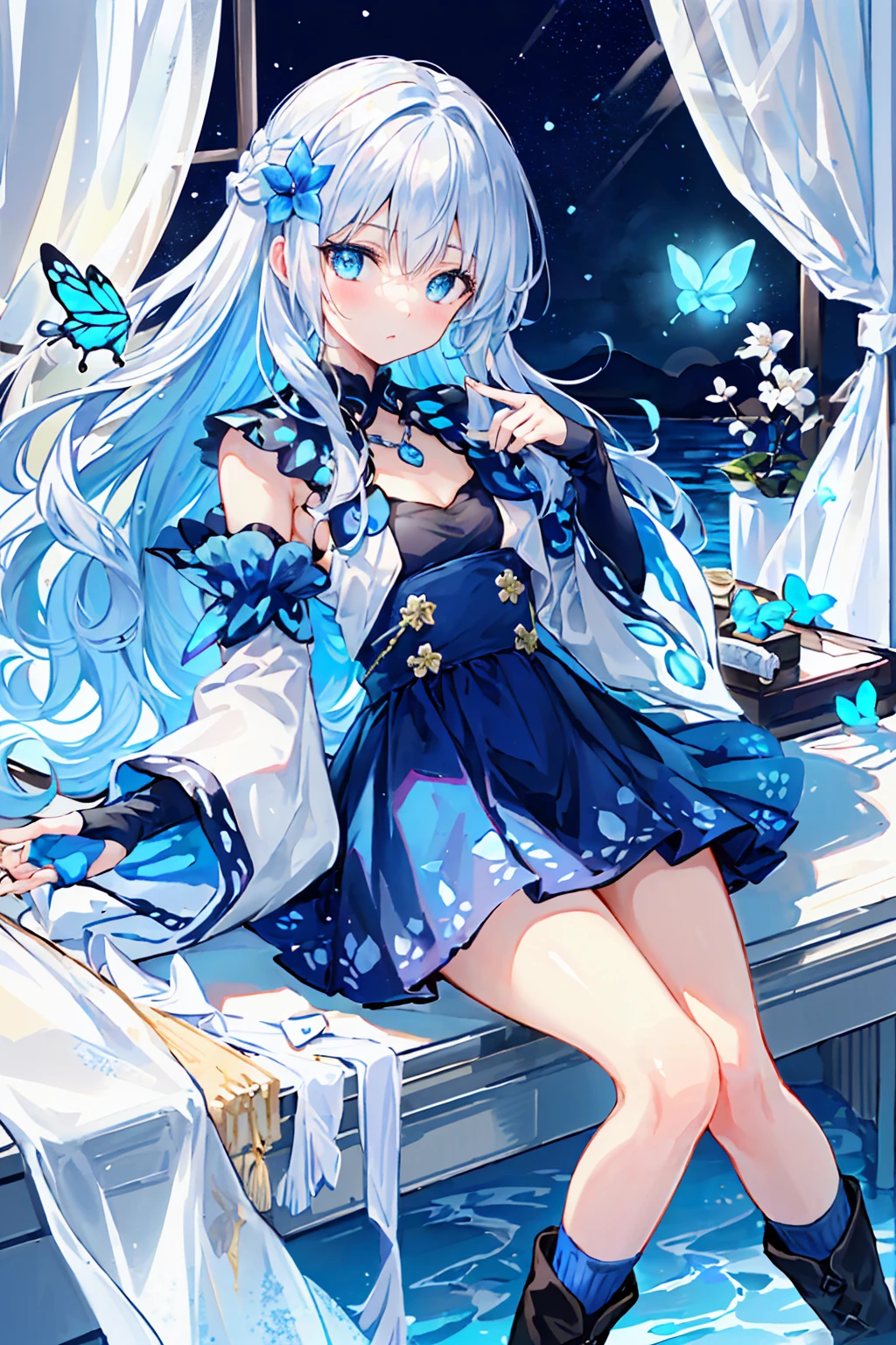 (上面shape),Dynamic Angle,Very detailed, shape, close, straight, 1 Girl, (Fantasy:1.4), (blue eyes:1.233),Her eyes shone like dream-like stars,(Glowing Eyes:1.233),(Beautiful and delicate eyes:1.1),(Silver Hair:1.14),(Messy Hair,Very long hair,French Braid,Hair between the eyes,Side Lock), (+(Blue Hair Flower:1.14)),(Chiffon dress,Blue floral pattern)/=(uniform:1.24),(Do not use sleeves,Wide sleeves),(Fingerless gloves),necklace,(Micony high socks),High heel boots,(poker face,shut up),(Stubborn), (Located in a white old palace、Classic princess bedroom with dressing table and French windows),(White flower,bloom),(deep sea),(Flowing water),(Dull Blue World Tree:1.14),(Remaining),(night:1.2),dream-like,soul,(fluorescence),(Flying translucent blue butterfly:1.15), [[Thin fingers and hands:0.55]::0.85],(Finger details),(Soup Packet:0.5),