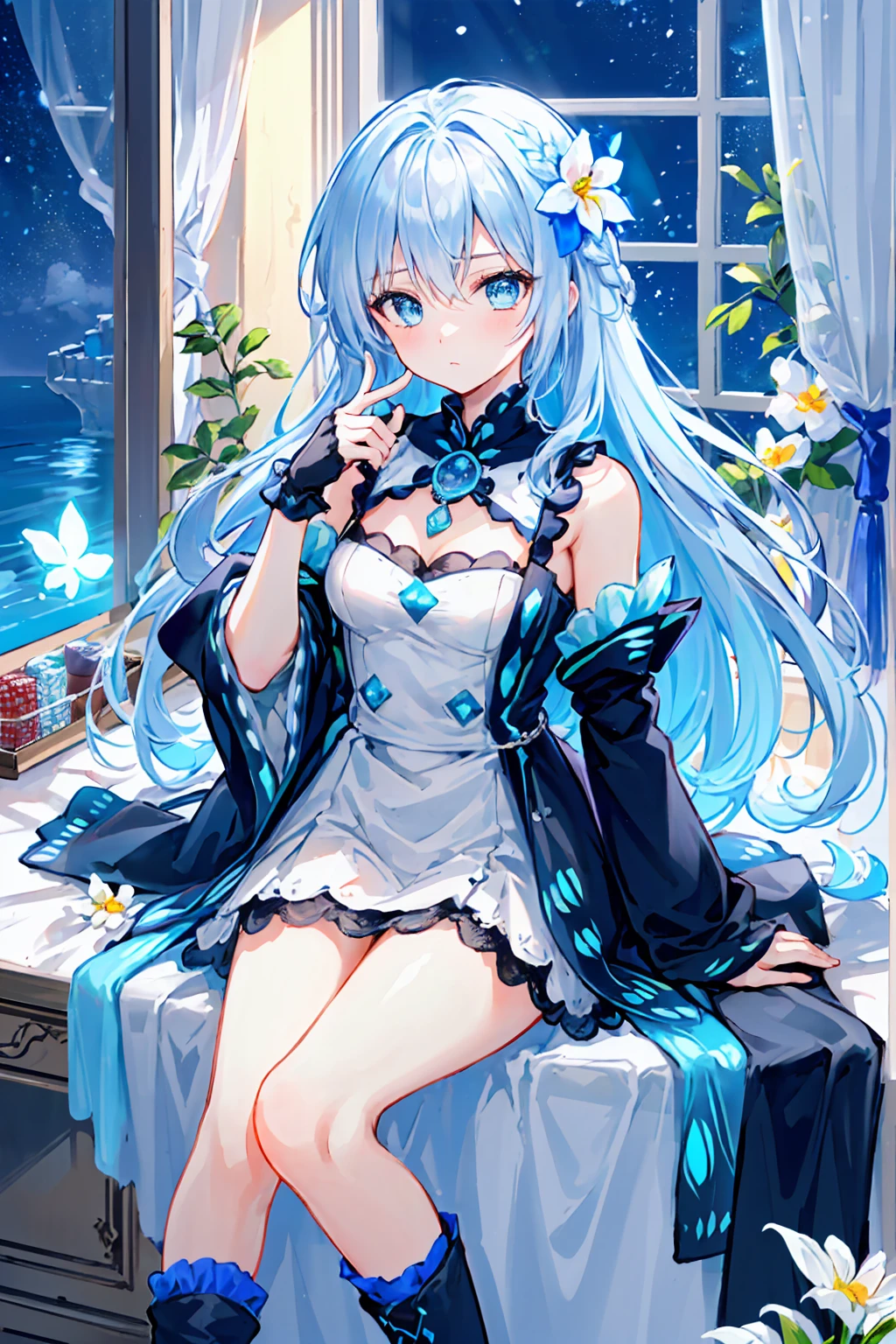 (MASTERPIECE), (Best Quality), (Super Detail), Official Art, One Girl, Lori with Pale Light Blue Hair, Petite Little Girl, Loli, Blue and Silver See-Through Dress, Sleeveless, Off Shoulder, Small, Very Small Breasts, Small, Cleavage, Thigh Focus, Navel Out, The Lower Half of the Chest Is Bare Skin, Card Illustration, Sacred Fountain