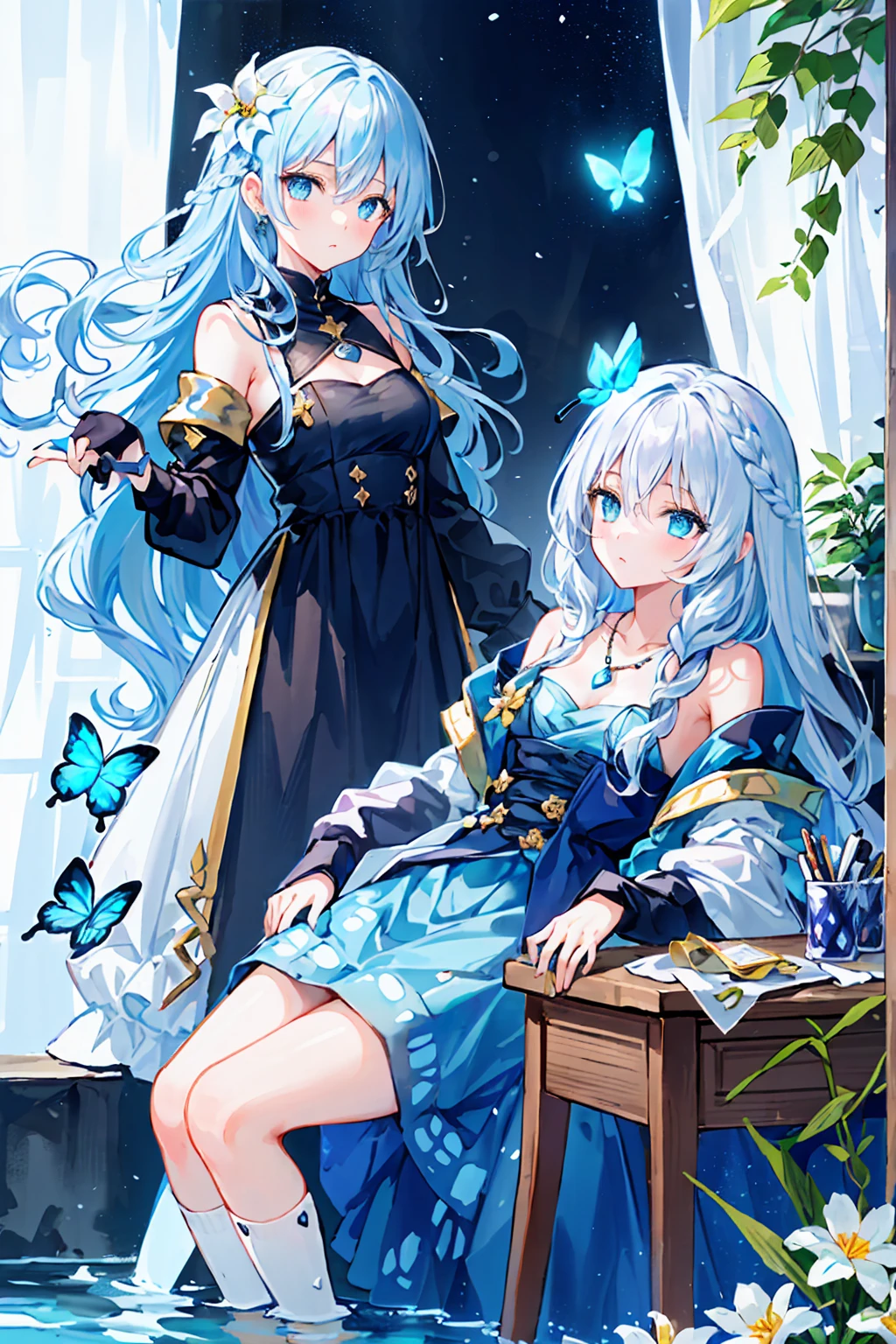 8K resolution、(1girls eating cake)、Background of sweets、Heavy cream、Layered backgrounds、(Fairytale background)、masterpiece、animesque、cute little、(cookies)、Elegant tea set、Elegant chairs and tableessy、Big smile、Delicious look、masterpiece、 Detailed Digital Anime Art、8k high quality detailed art、Smooth Anime CG Art、Luminescence,refined face、((Lots of cakes))、buried、a gorgeous、Eat with your mouth full、gluttony、Parti、Overflowing cake、Masterpiece, best quality, extremely detailed, (illustration, official art: 1.1), (((((1 girl))))), ((light blue long hair))), light blue hair, 10 years old, ((blush)), cute face, big eyes, tareme, masterpiece, best quality, ((a very delicate and beautiful girl)))), , girl,amazing, beautiful detailed eyes, blunt bangs (((little delicate girl)))), tareme