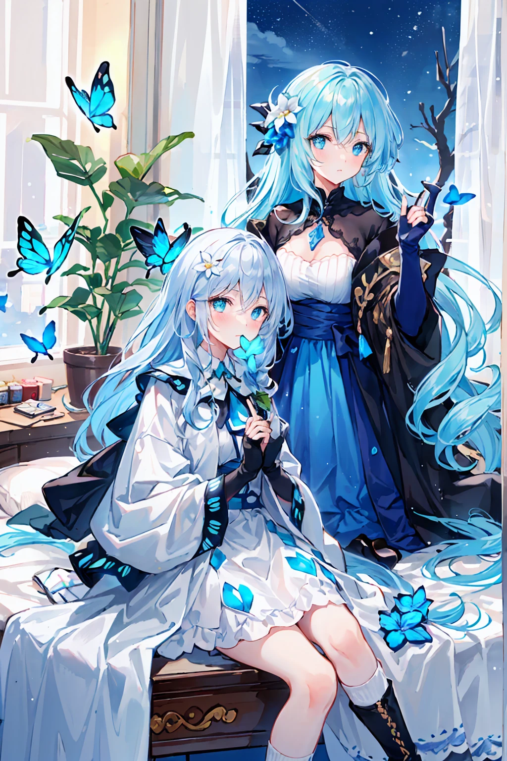 (上面shape),Dynamic Angle,Very detailed, shape, close, straight, 1 Girl, (Fantasy:1.4), (blue eyes:1.233),Her eyes shone like dream-like stars,(Glowing Eyes:1.233),(Beautiful and delicate eyes:1.1),(Silver Hair:1.14),(Messy Hair,Very long hair,French Braid,Hair between the eyes,Side Lock), (+(Blue Hair Flower:1.14)),(Chiffon dress,Blue floral pattern)/=(uniform:1.24),(Do not use sleeves,Wide sleeves),(Fingerless gloves),necklace,(Micony high socks),High heel boots,(poker face,shut up),(Stubborn), (Located in a white old palace、Classic princess bedroom with dressing table and French windows),(White flower,bloom),(deep sea),(Flowing water),(Dull Blue World Tree:1.14),(Remaining),(night:1.2),dream-like,soul,(fluorescence),(Flying translucent blue butterfly:1.15), [[Thin fingers and hands:0.55]::0.85],(Finger details),(Soup Packet:0.5),
