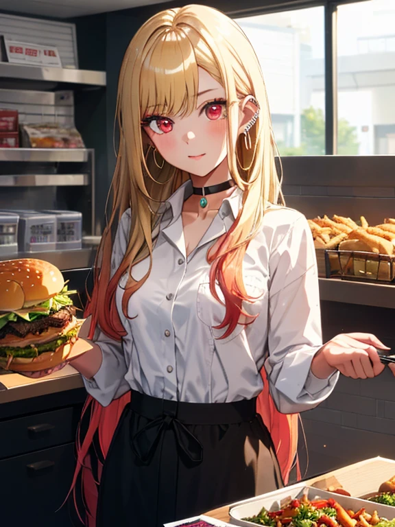 Fast food clerk, Fast Food Worker, Kitagawa Marine, 1girl, blonde hair, long hair, multicolored hair, red eyes, jewelry, earrings, piercing, black choker, uhd, retina, masterpiece, ccurate, anatomically correct, textured skin, super detail, high details, high quality, best quality, highres, 4K