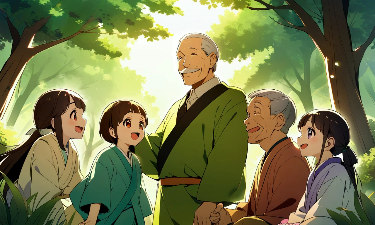 Create an anime-style illustration of a heartwarming scene from the Japanese folktale "Tongue-Cut Sparrow." The image should feature an elderly man with a kind smile and a small sparrow, set in a lush forest with gentle sunlight filtering through the trees. The characters should have a friendly and joyful expression, appealing to children. The illustration should be vibrant and colorful, with a 16:9 aspect ratio.