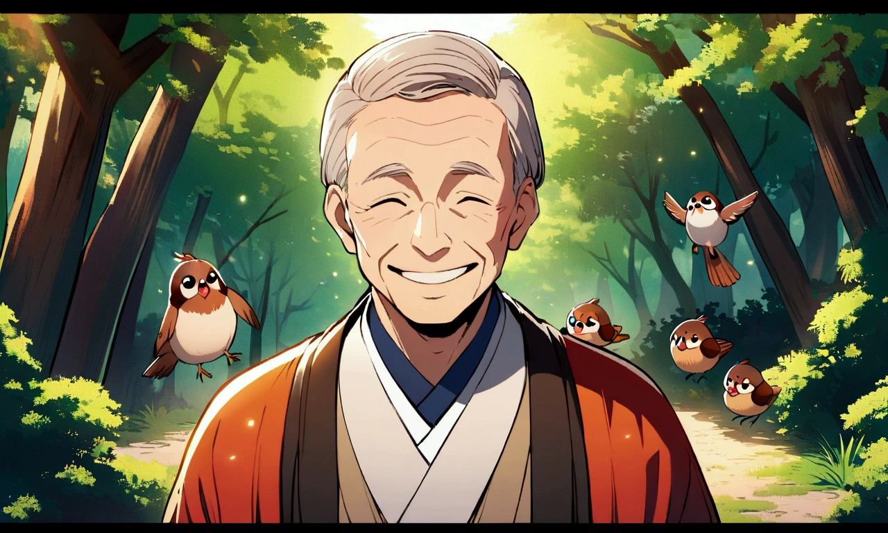 Create an anime-style illustration of a heartwarming scene from the Japanese folktale "Tongue-Cut Sparrow." The image should feature an elderly man with a kind smile and a small sparrow, set in a lush forest with gentle sunlight filtering through the trees. The characters should have a friendly and joyful expression, appealing to children. The illustration should be vibrant and colorful, with a 16:9 aspect ratio.