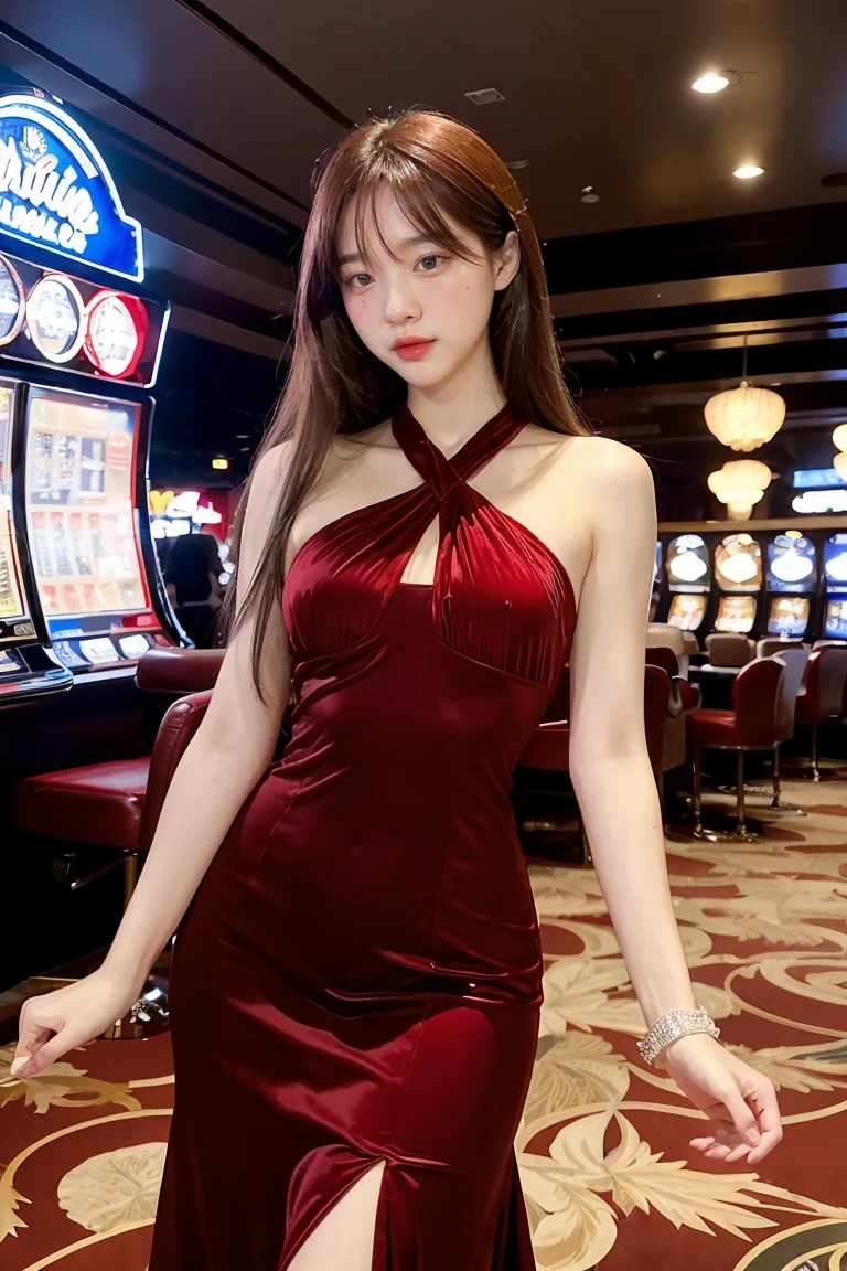 Classic Hollywood glamour.., A in a beautiful red evening gown, Amazing accessories, (Attractive eyes, red lips, beautiful, ผิวbeautifulไร้ที่ติ), luxurious backdrop, velvet curtains, amazing gesture, Interesting composition, spotlight illumination, rich shadow, shallow depth of field, Sparkling bokeh, exquisite details, high resolution, 35mm film, Timeless elegance. portrait photography, 35mm film, Naturally blurred,  (random background,In casinos,VIP casino room, Modern Casino Console, Modern Slot Machines )